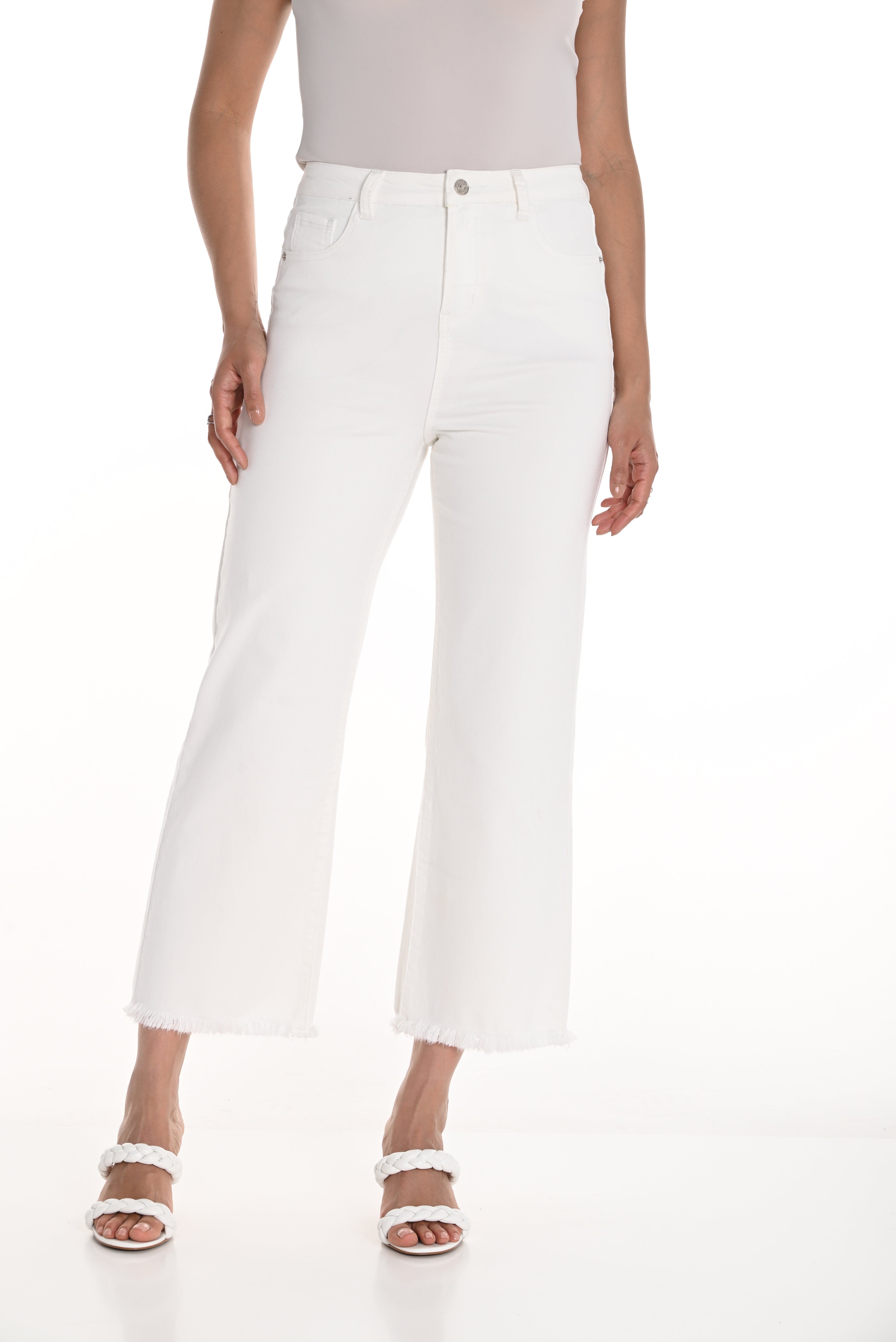 Pearls Boutique-Port Dover Ontario-Frank Lyman Wide-Leg Cropped Trousers with a high-waisted fit, frayed hem, and belted design. Made from a durable cotton blend with front and back pockets, these feminine and casual trousers are perfect for summer occasions.