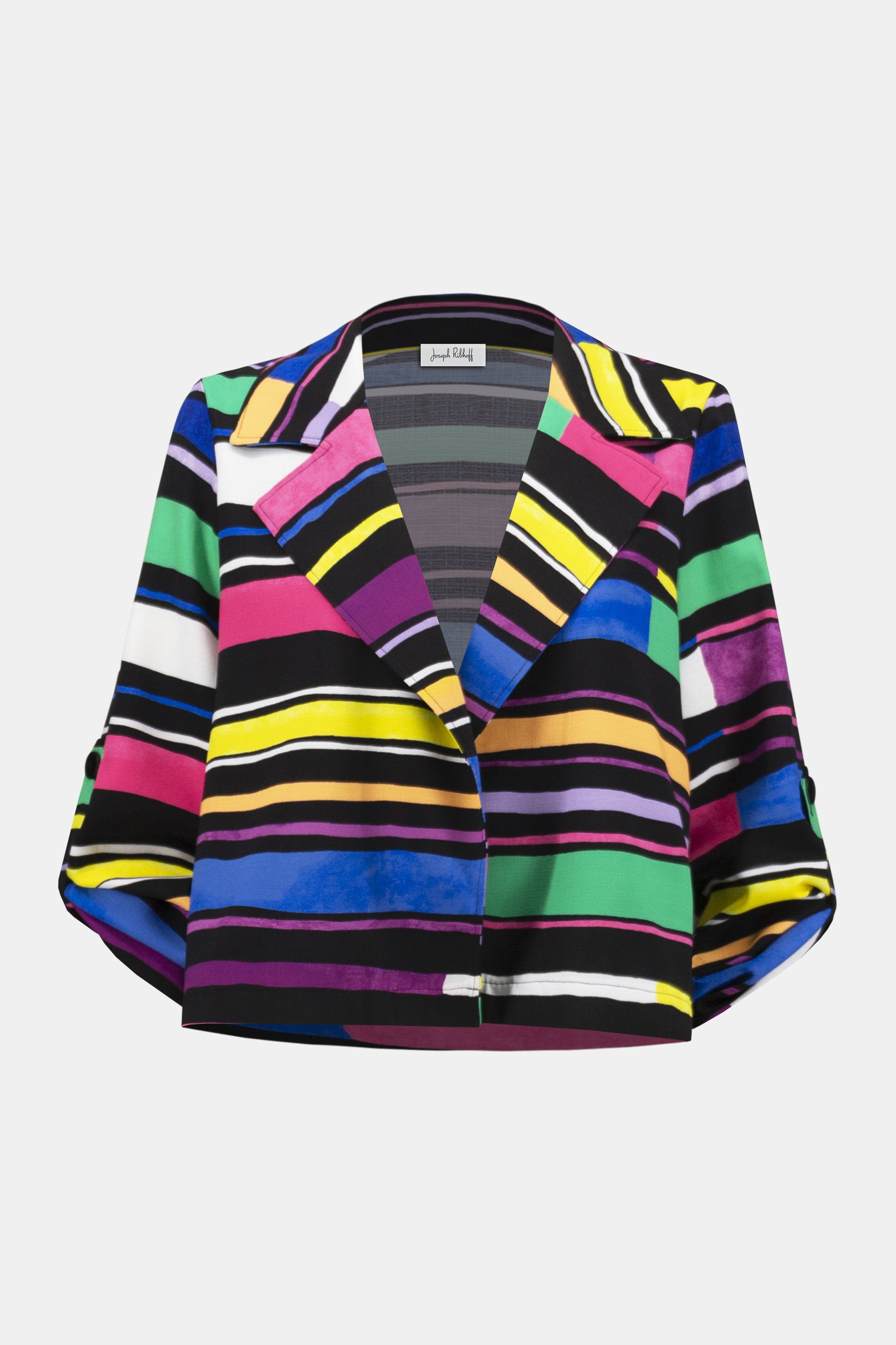 Pearls Boutique- Port Dover Ontario-Joseph Ribkoff-Joseph Ribkoff - Gauze Stripe Print Short Boxy Blazer-252215-178.A vibrant striped blazer made from woven gauze, featuring an open front, classic notched collar, and three-quarter sleeves with buttoned tabs. Designed with a cropped, boxy silhouette for a bold statement look. Unlined for a lightweight feel. Model is 5'9" and wearing size 6. Body length from the high point of the shoulder: 22" (55.88 cm).








