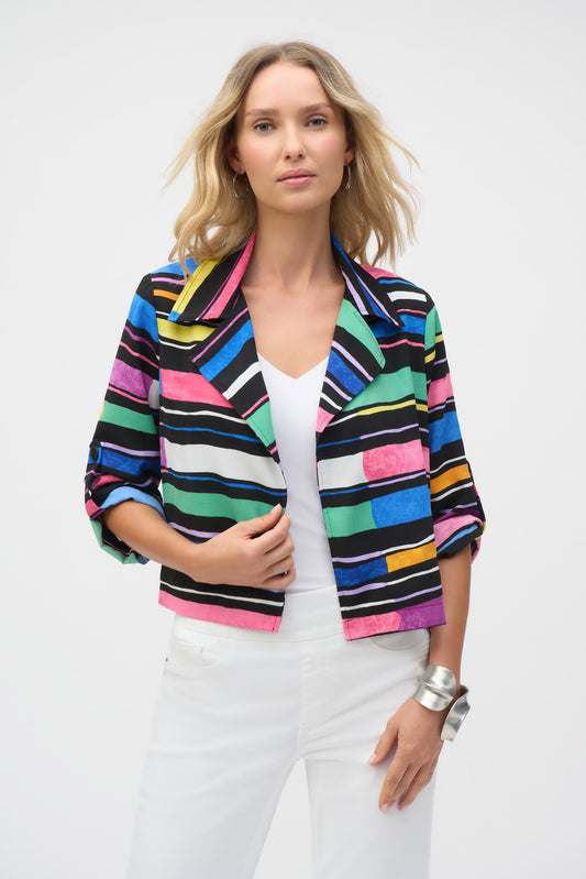 Pearls Boutique- Port Dover Ontario-Joseph Ribkoff-Joseph Ribkoff - Gauze Stripe Print Short Boxy Blazer-252215-178.A vibrant striped blazer made from woven gauze, featuring an open front, classic notched collar, and three-quarter sleeves with buttoned tabs. Designed with a cropped, boxy silhouette for a bold statement look. Unlined for a lightweight feel. Model is 5'9" and wearing size 6. Body length from the high point of the shoulder: 22" (55.88 cm).








