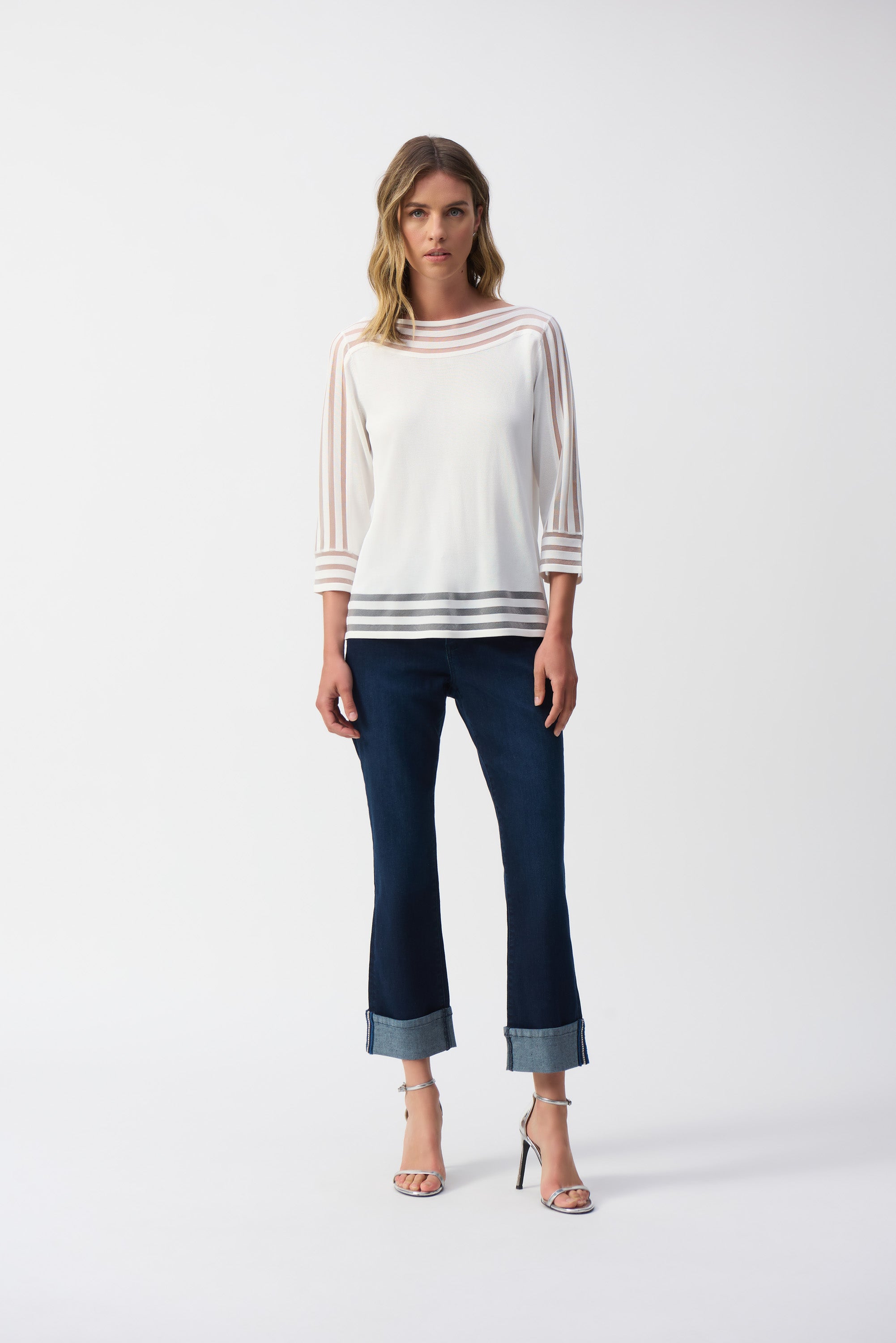 Pearls Boutique- Port Dover Ontario-Joseph Ribkoff- Effortless Jeans-251961-High-rise cropped straight-leg jeans with slight flare, made from stretch denim for comfort, dark wash, fly front, five-pocket styling, cuffed hem with cobalt blue stitch detail, versatile for casual or office wear.