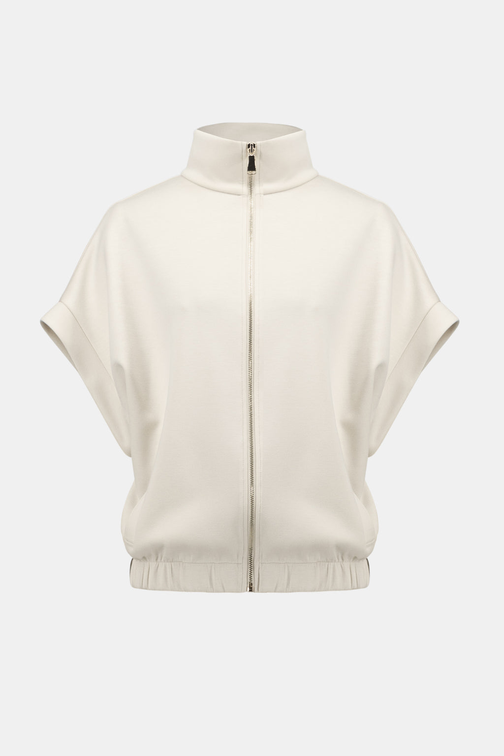 Pearls Boutique- Port Dover Ontario-Joseph Ribkoff- boxy scuba jersey jacket- 254145. colour birch. with short dolman sleeves, stand collar, front zip closure, welt pockets, and signature JR coin detail.

