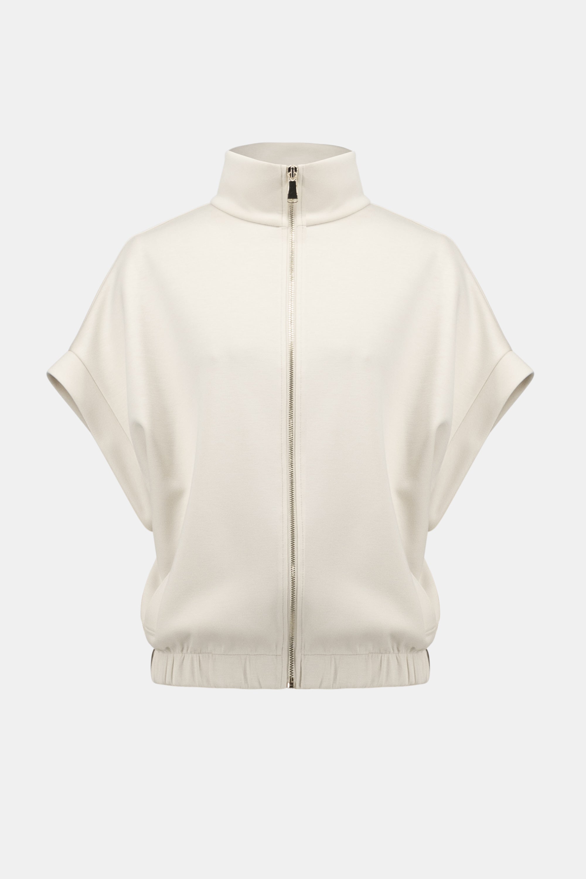 Pearls Boutique- Port Dover Ontario-Joseph Ribkoff- boxy scuba jersey jacket- 254145. colour birch. with short dolman sleeves, stand collar, front zip closure, welt pockets, and signature JR coin detail.

