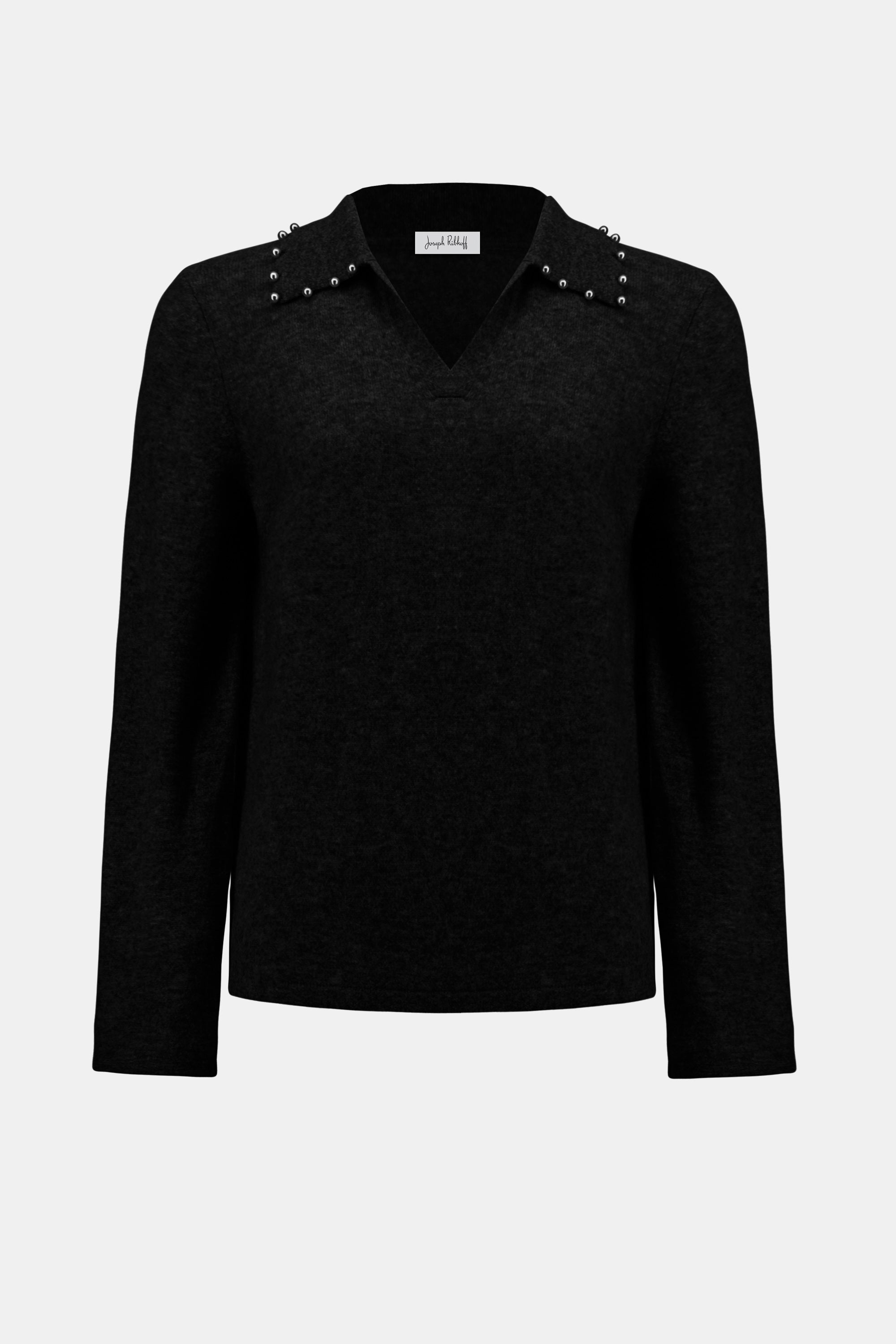 Pearls Boutique- Port Dover Ontario-Joseph Ribkoff | Cashmere Long Sleeve Sweater-Black
– 100% pure cashmere for featherlight warmth
– Polo-inspired design with Peter Pan collar
– Soft V-shaped neckline for feminine balance
– Long, straight sleeves for clean lines
– Pullover style with minimal detailing

FABRIC &amp; FIT
Made from ultra-soft cashmere, this sweater delivers a refined feel. The fit is relaxed but not oversized, designed to layer with ease while maintaining a sleek profile