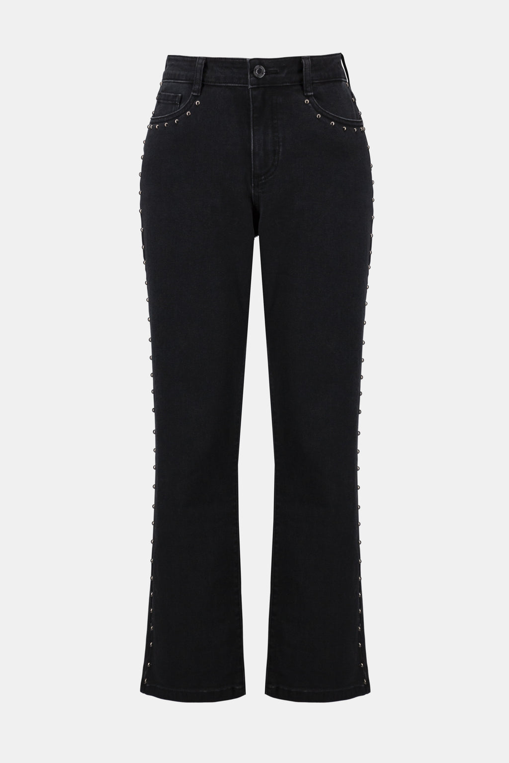 Pearls Boutique- Port Dover Ontario-Joseph Ribkoff | Classic Straight Leg Jeans with Studded Seams-254916. Black washed denim.
Classic straight leg cut for timeless versatility
– Studded side seams add subtle shine and attitude
– Woven Repreve® stretch denim made from recycled plastic bottles
– Mid-rise waist with clean finishing
– Unlined for lightweight, all-day comfort
