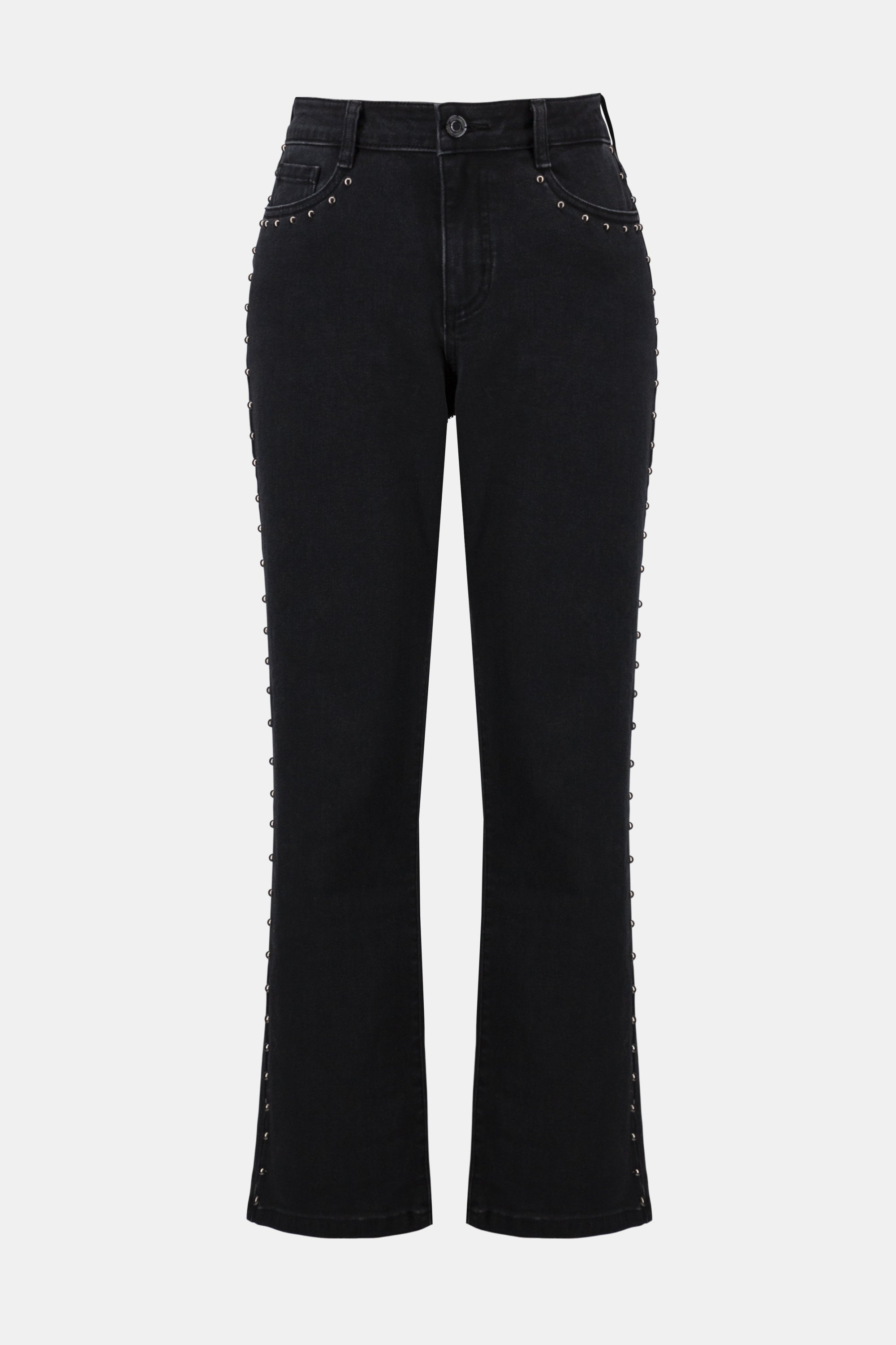 Pearls Boutique- Port Dover Ontario-Joseph Ribkoff | Classic Straight Leg Jeans with Studded Seams-254916. Black washed denim.
Classic straight leg cut for timeless versatility
– Studded side seams add subtle shine and attitude
– Woven Repreve® stretch denim made from recycled plastic bottles
– Mid-rise waist with clean finishing
– Unlined for lightweight, all-day comfort