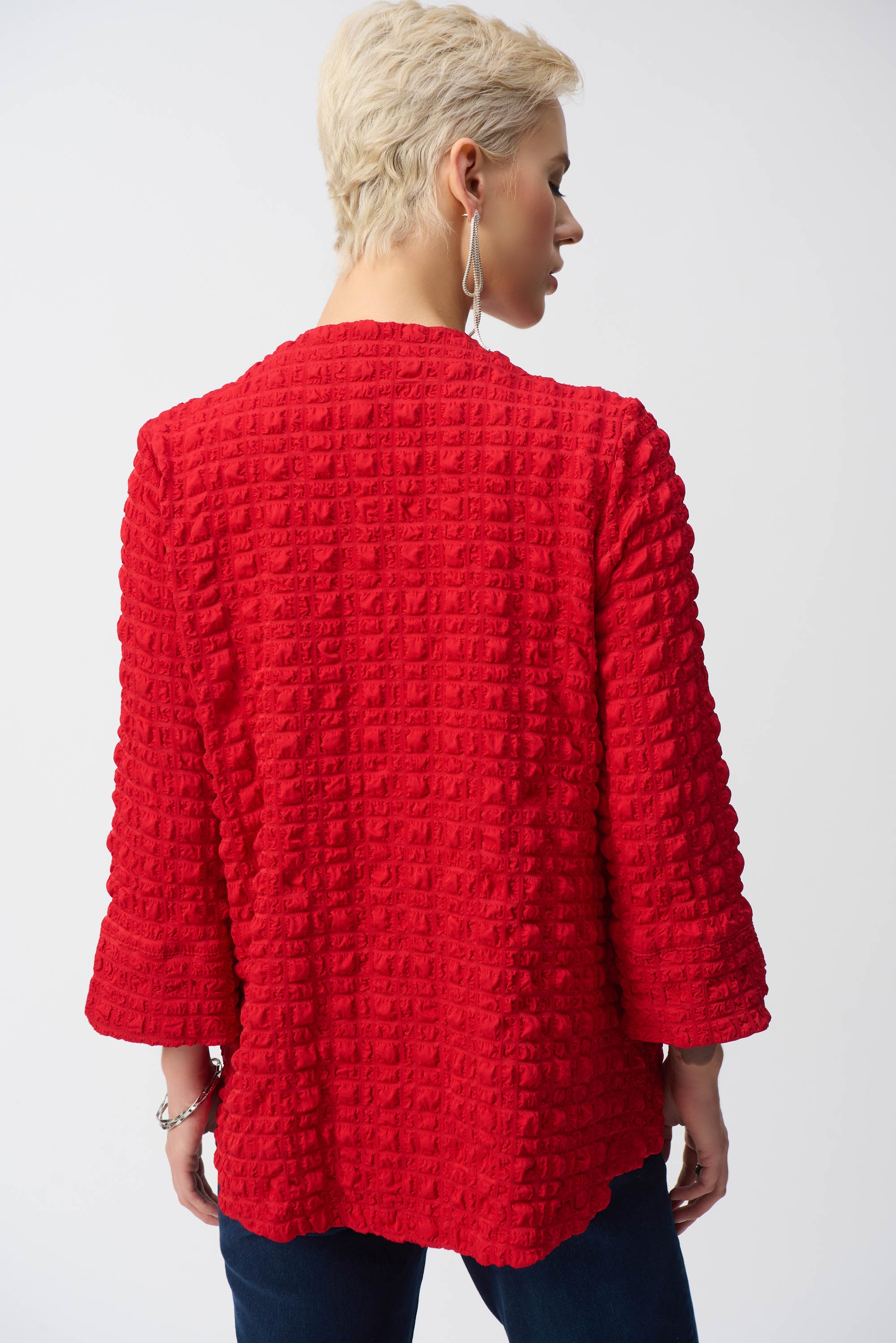 Pearls Boutique- Port Dover Ontario-Joseph Ribkoff Textured Jacket- 251034-Red, Spring 2025 Collection, made in Canada, chic textured finish, sleek closure detail, 3/4 length sleeves, A-line silhouette, relaxed fit through bodice, premium stretch fabric, vibrant colour options, sophisticated and stylish layering piece.







