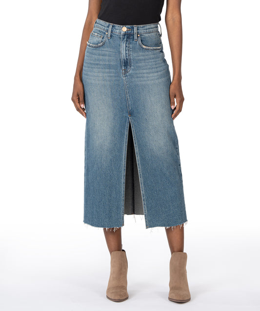 Pearls Boutique- Port Dover Ontario-KUT-JEN Raw Edge Denim Skirt.
On-trend denim skirt for 2025
Soft, raw-edge fabric with a bit of stretch
Front slit perfect for pairing with chunky boots or wedges
Casual look with sneakers for effortless style
Light-wash denim in a longline A-line silhouette
Raw hem and skin-baring front slit
Fabric: 80% Cotton, 19% Lyocell, 1% Spandex
Center Front: 33 1/2"
