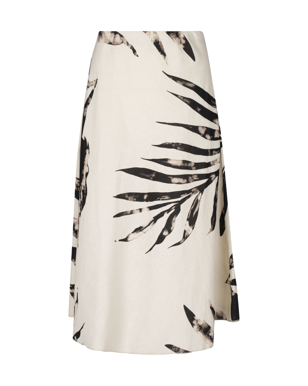 Pearls Boutique- Port Dover Ontario- Astrid Palm Print Skirt-18-8395G. Maxi-length A-line skirt featuring a tropical palm print, crafted from a lightweight 55% linen and 45% viscose blend. Flowy and breathable for all-day comfort. Perfect for vacations, beachside dinners, and summer outings. Pair with the matching top for a stunning resort-ready look. Neutral colours Ivory base, black and taupe placment large scale palm print.