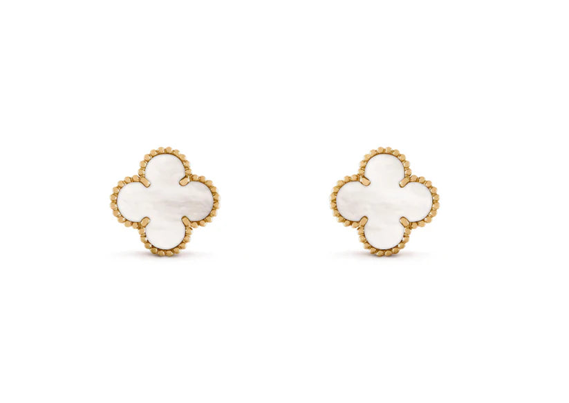 Pearls Boutique- Port Dover Ontario- "Van Cleef"white/gold earing studs.
14 carat plated gold . Hypoallergenic