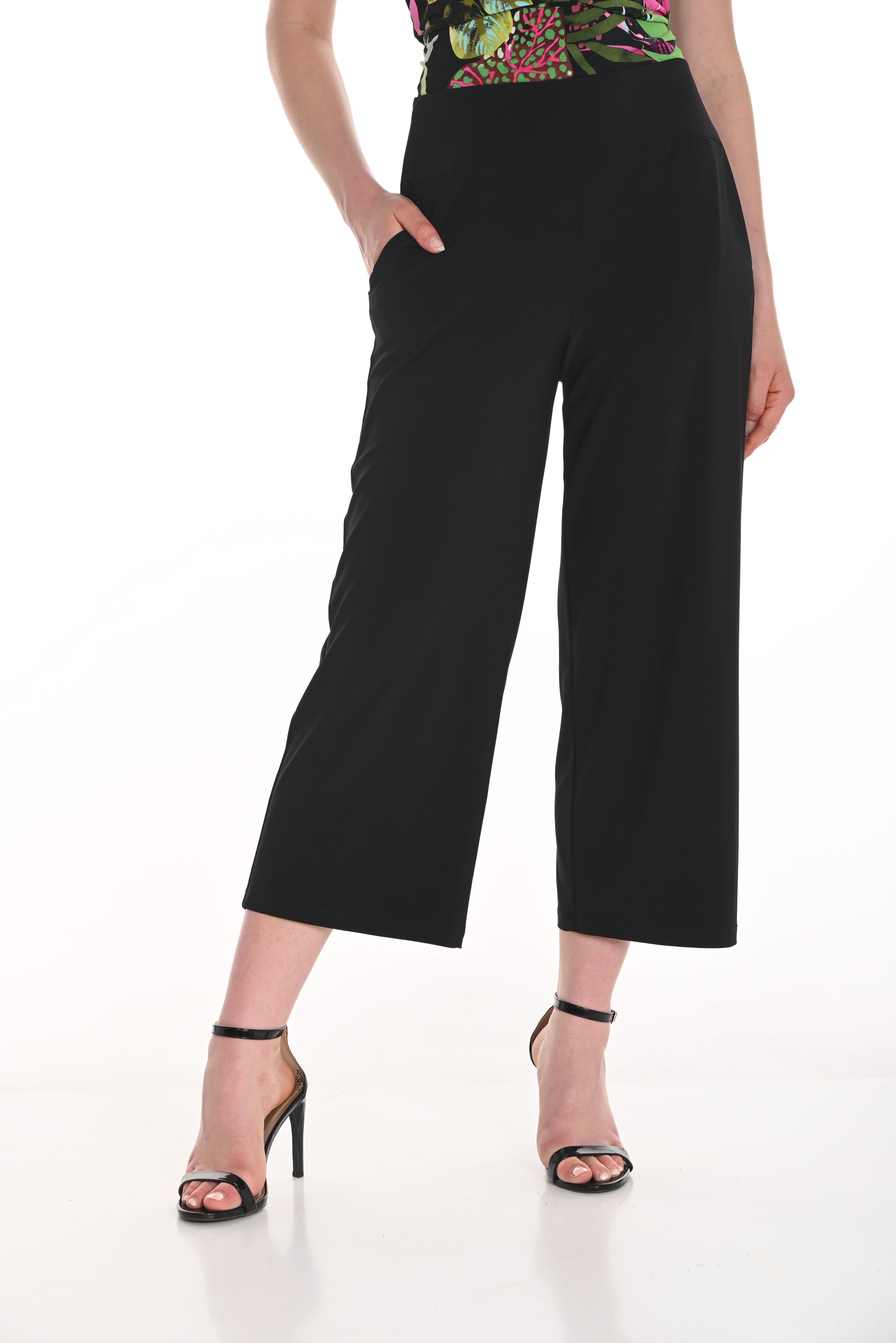 Pearls Boutique - Port Dover Ontario-Frank Lyman Knit Black Pant 256012, high-waisted cropped wide-leg trousers, elastic waistband, functional pockets,  Made from a soft 95% polyester and 5% elastane blend, offering versatile style for both casual and office wear.