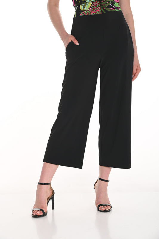 Pearls Boutique - Port Dover Ontario-Frank Lyman Knit Black Pant 256012, high-waisted cropped wide-leg trousers, elastic waistband, functional pockets,  Made from a soft 95% polyester and 5% elastane blend, offering versatile style for both casual and office wear.