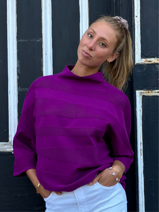 Pearls Boutique Port Dover Ontario-Joseph_RIbkoff-Knit Mock Neck Sweater-243953 colour Empress (purply pink)
3/4 sleeves,  mock neckline. 
Luxe Comfort: Elevates cozy chic beyond bulky sweatshirts and sweatpants
Versatile: Pair with jeans and heels for brunch or leggings for a night in
Day-to-night transition: Effortlessly shifts from casual to cozy
Simple Sophistication: Clean lines and uncluttered design
Timeless piece that blends comfort with style