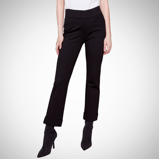 Pearls Boutique- Port Dover Ontario - Charlie B, Black, Cuffed, Pull On, Ponte Pant, Mid Rise, Bootcut, Charlie B Cuffed Ponte Pant Soft, stretchy, weighted pull-on Stylish & comfortable Features convenient pockets Ideal for fall/winter Fabric: 60% viscose, 35% nylon, 5% spandex 28" inseam 