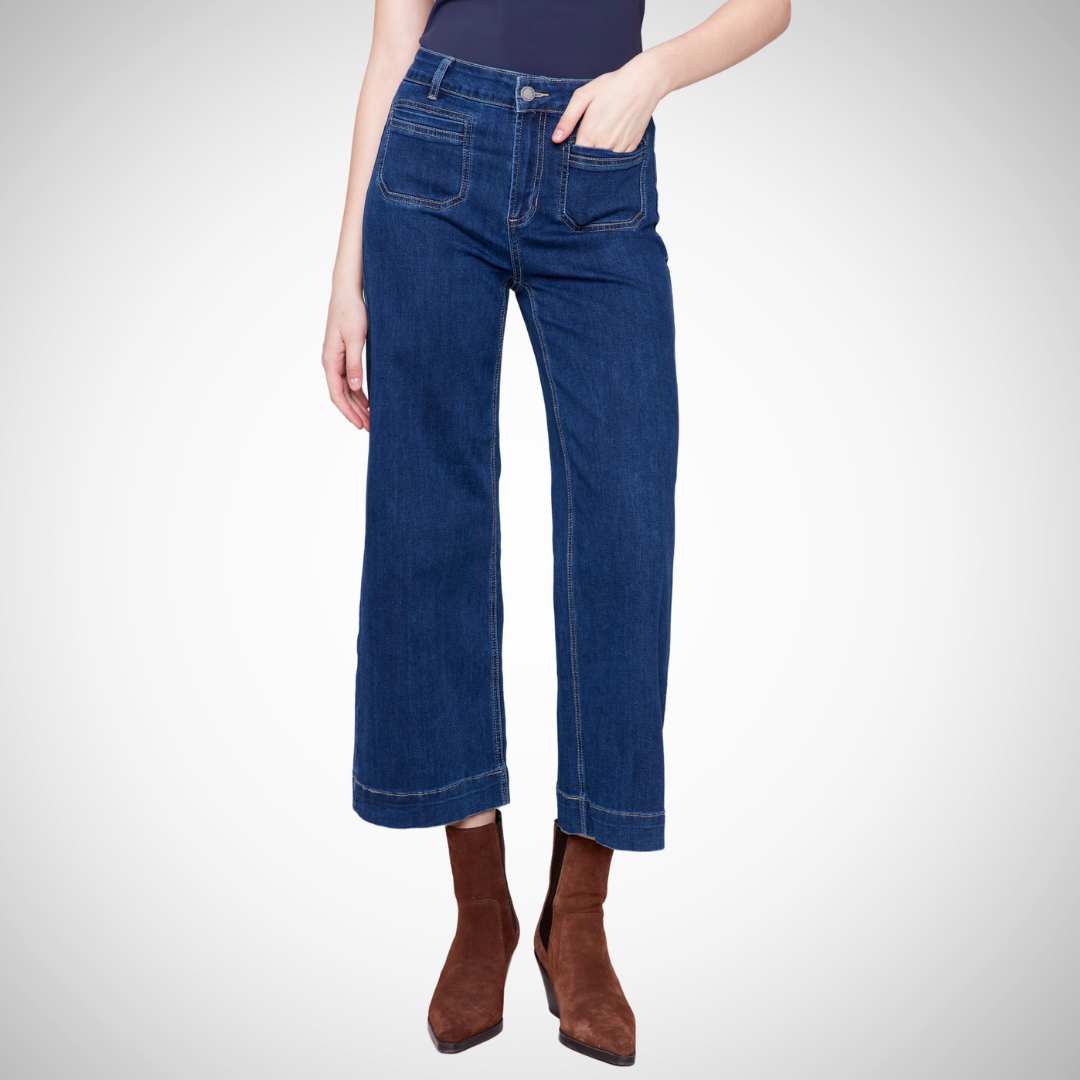 Pearls Boutique - Port Dover Ontario _ Charlie B Vintage Curve Crop Jeans High-rise waist Soft stretch denim Cropped length for a retro vibe Utility style pockets Fly front, indigo color denim, Perfect for boots and sweater combo Stylish and comfortable Must-have wardrobe addition