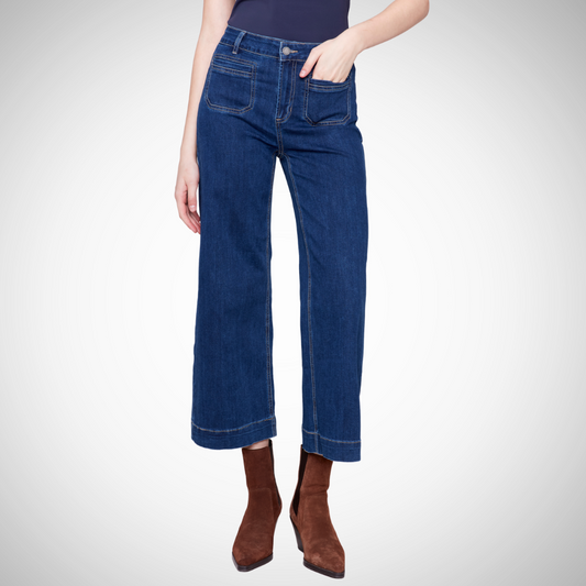 Pearls Boutique - Port Dover Ontario _ Charlie B Vintage Curve Crop Jeans High-rise waist Soft stretch denim Cropped length for a retro vibe Utility style pockets Fly front, indigo color denim, Perfect for boots and sweater combo Stylish and comfortable Must-have wardrobe addition