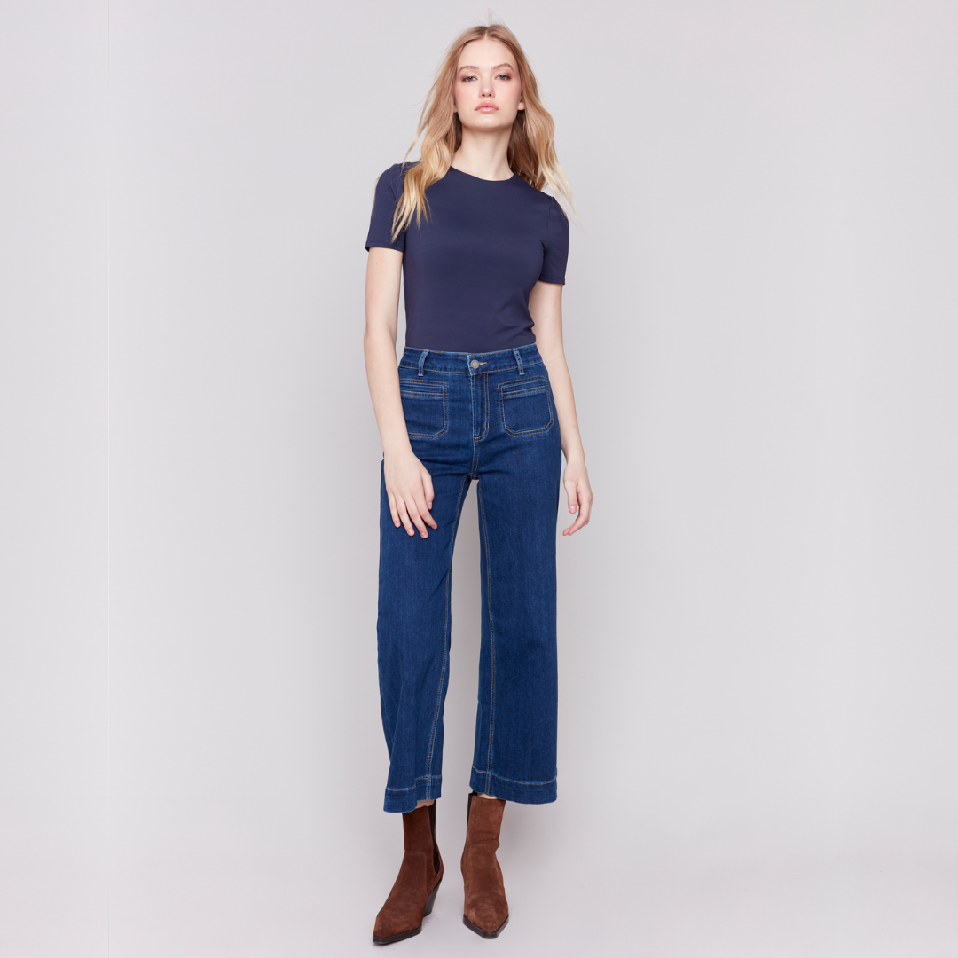 Pearls Boutique - Port Dover Ontario _ Charlie B Vintage Curve Crop Jeans High-rise waist Soft stretch denim Cropped length for a retro vibe Utility style pockets Fly front, indigo color denim, Perfect for boots and sweater combo Stylish and comfortable Must-have wardrobe addition