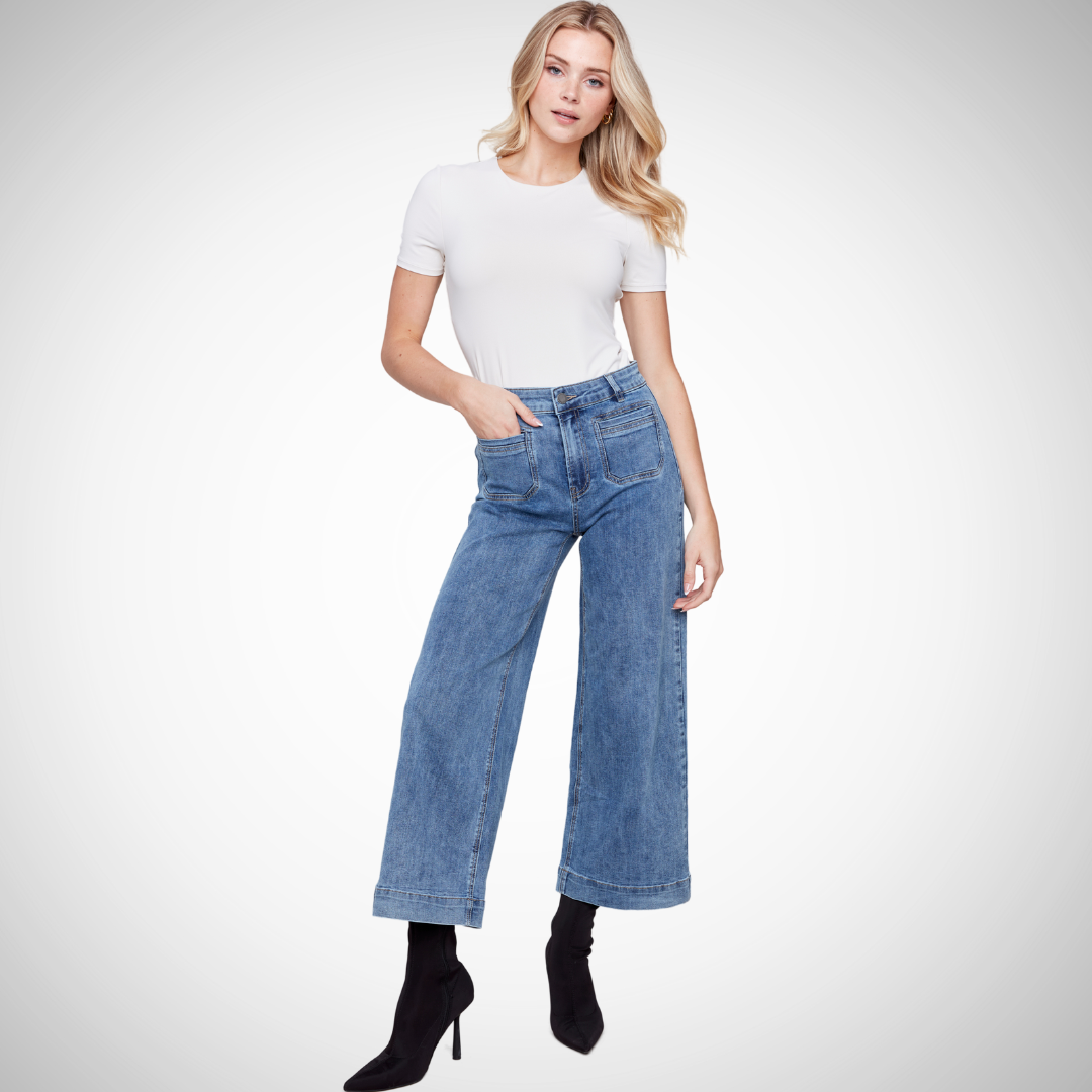 Pearls Boutique - Port Dover Ontario _ Charlie B Vintage Curve Crop Jeans High-rise waist Soft stretch denim Cropped length for a retro vibe Utility style pockets Fly front Medium blue color Perfect for boots and sweater combo Stylish and comfortable Must-have wardrobe addition