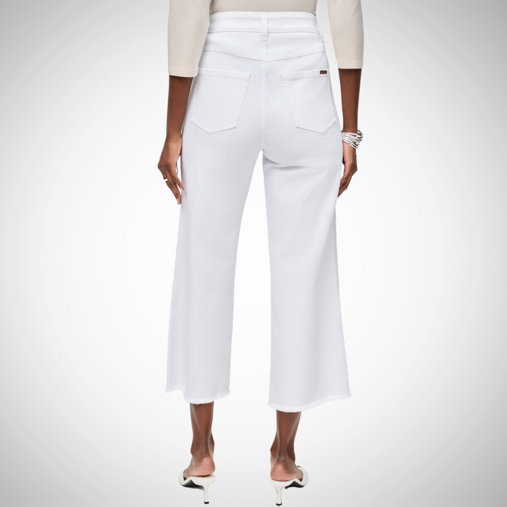 Pearls Boutique - Port Dover Ontario - Joseph Ribkoff - Wide Leg Cropped Jeans. Revamp your wardrobe with Wide Leg Cropped Jeans Flirty embellished front slit seam at the hemline Cool Welder Jean styling Fly front Made with a comfy blend: 70% cotton 25% polyester 3% viscose rayon 2% spandex Fun, fashionable, and functional! Colour White
