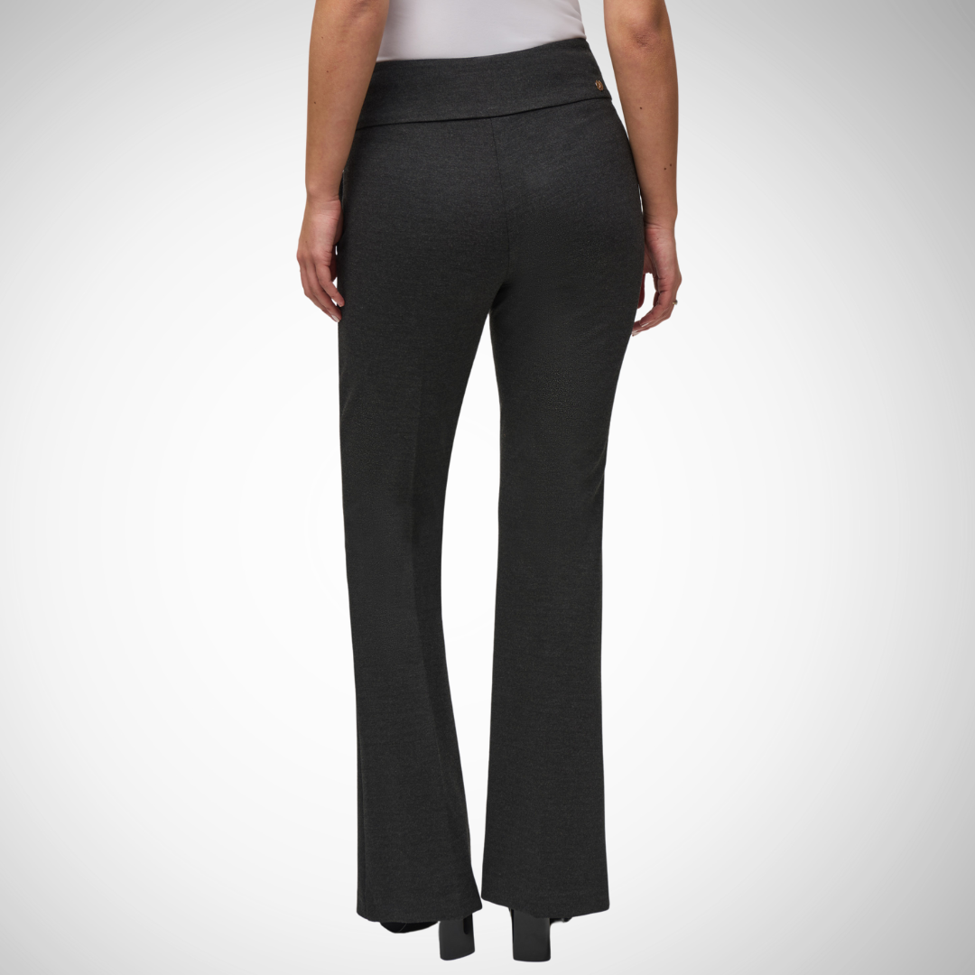 Pearls Boutique - Port Dover Ontario - Flare Trouser - Style # 244008, Colour Black. Get ready for serious style with these mid-rise trousers! Flattering flare fit Full-length design Perfect for casual days and office attire Handy side pockets Chic and minimalist Ideal for any business-savvy individual Made from 66% Viscose Rayon, 29% Nylon, and 5% Spandex Offers unbeatable comfort and flexibility Elastic waist 32-inch inseam Both practical and fashionable