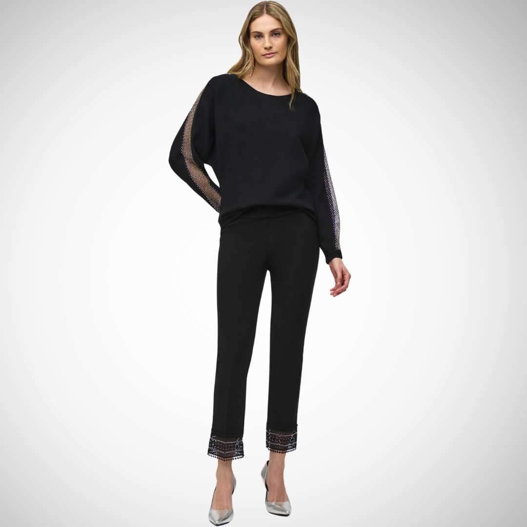 Pearls Boutique - Port Dover Ontario - Joseph Ribkoff - Mesh Pullover - Colour Black. Arms Have Rhinestone Mesh Detail. Stay stylish with the Mesh Detail Pullover Perfect for any event: casual or night out Mesh accents and dolman sleeves for sophistication Crew neck top that blends charm and coziness Material: 72% viscose rayon, 28% polyester Ultimate fashion-meets-comfort experience Comfy chic!