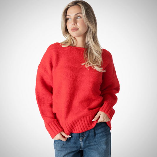  Pearls Boutique - Port Dover Ontario - Lyla + Lux - Cinna Sweater.The gorgeous Cinna pullover sweater packs a punch of colour in a stunning red hue,  Boat neckline ( can be worn off the shoulder)  Cozy,  Drop Shoulder,  Long Sleeve,  relaxed fit,