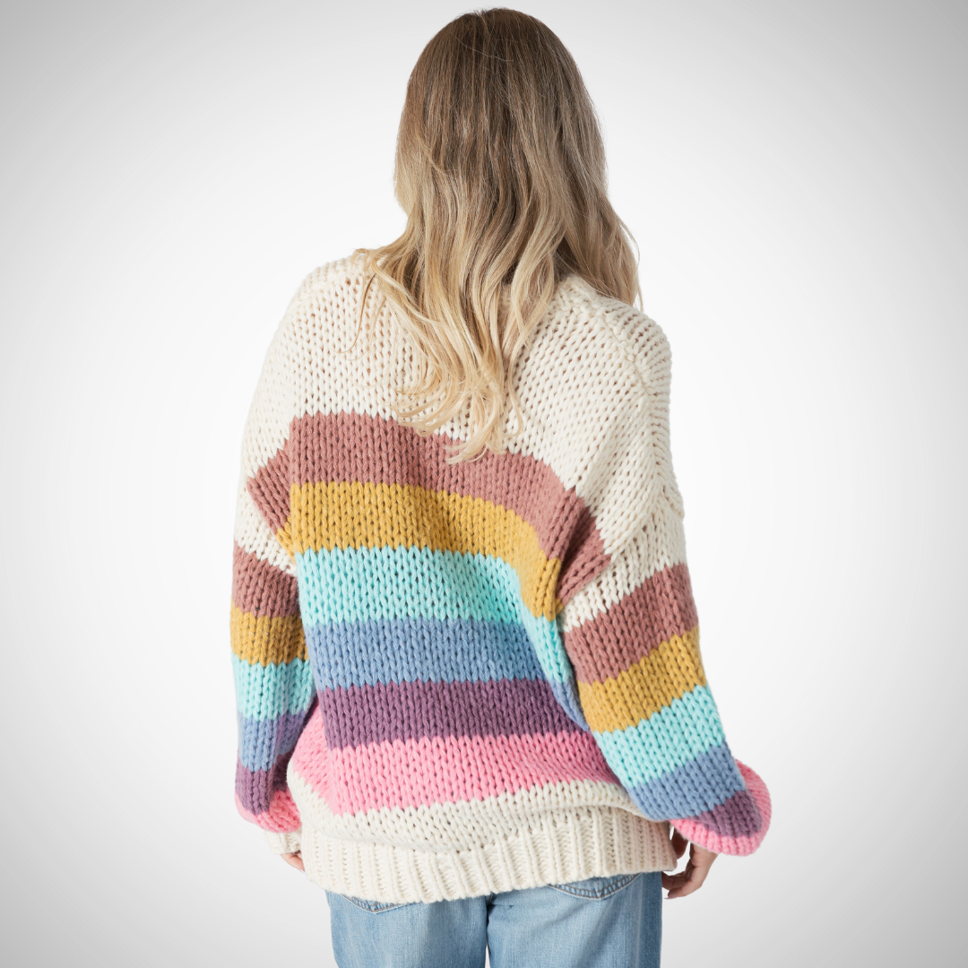 The Shania sweater is a fun mix of colour and whimsical.  an oat coloured base is offset by multi coloured stripes  balloon sleeve&nbsp;  drop shoulder  crew neckline&nbsp;  relaxed fit&nbsp;  100% Polyester&nbsp;  Perfect for cozying up on cool Autumn mornings