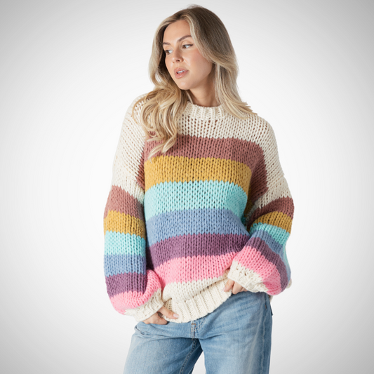 The Shania sweater is a fun mix of colour and whimsical.  an oat coloured base is offset by multi coloured stripes  balloon sleeve&nbsp;  drop shoulder  crew neckline&nbsp;  relaxed fit&nbsp;  100% Polyester&nbsp;  Perfect for cozying up on cool Autumn mornings