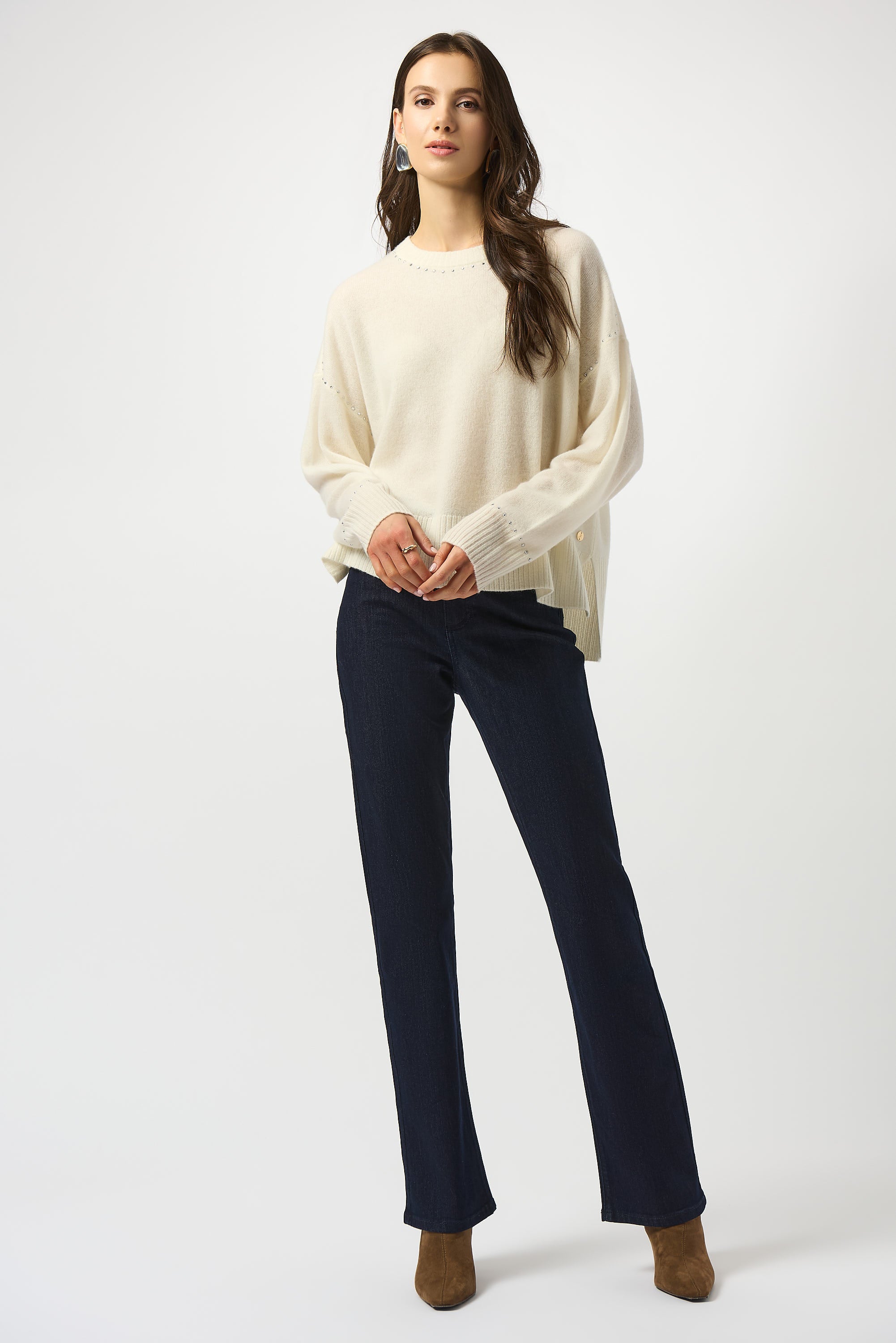 Pearls Boutique Port Dover Ontario Joseph Ribkoff Cashmere Crew Neck Top with Stud Detailing. 100% cashmere sweater with a classic crew neckline, long straight sleeves, and subtle stud detailing, crafted from ultra-soft, fine-grade cashmere for a luxurious and lightweight feel. Colour Winter White 

