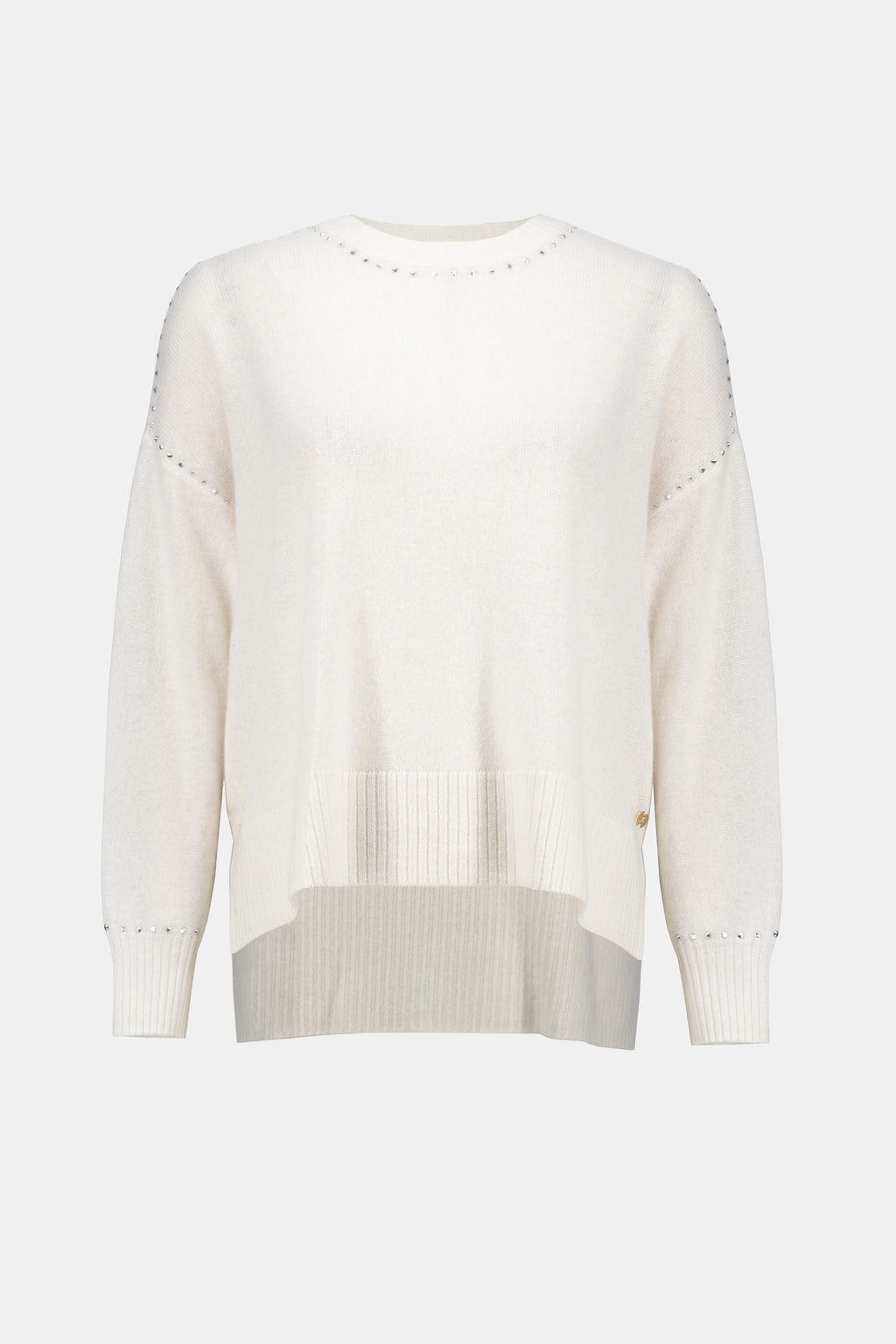 Pearls Boutique Port Dover Ontario Joseph Ribkoff Cashmere Crew Neck Top with Stud Detailing. 100% cashmere sweater with a classic crew neckline, long straight sleeves, and subtle stud detailing, crafted from ultra-soft, fine-grade cashmere for a luxurious and lightweight feel. Colour Winter White 

