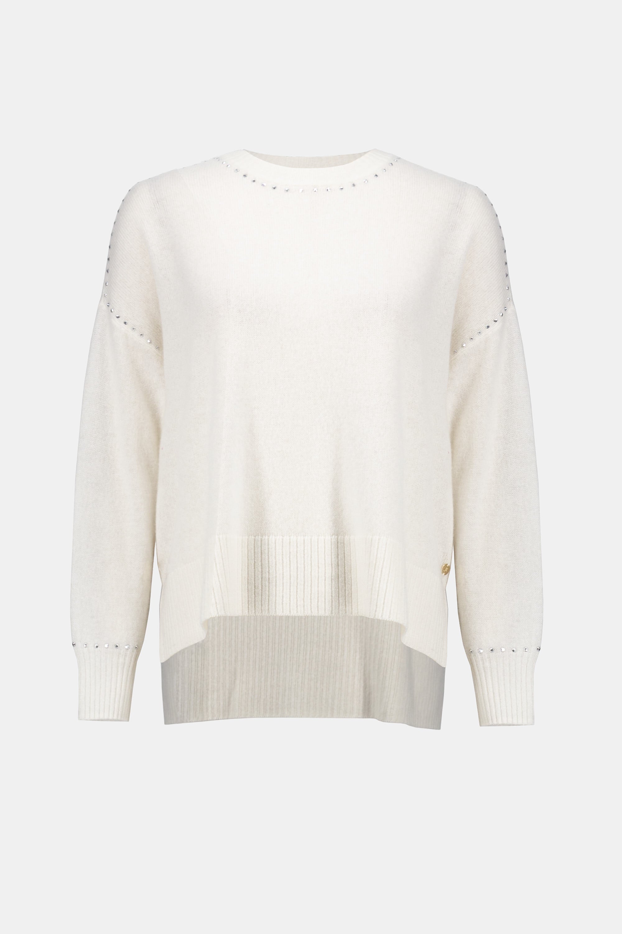 Pearls Boutique Port Dover Ontario Joseph Ribkoff Cashmere Crew Neck Top with Stud Detailing. 100% cashmere sweater with a classic crew neckline, long straight sleeves, and subtle stud detailing, crafted from ultra-soft, fine-grade cashmere for a luxurious and lightweight feel. Colour Winter White 

