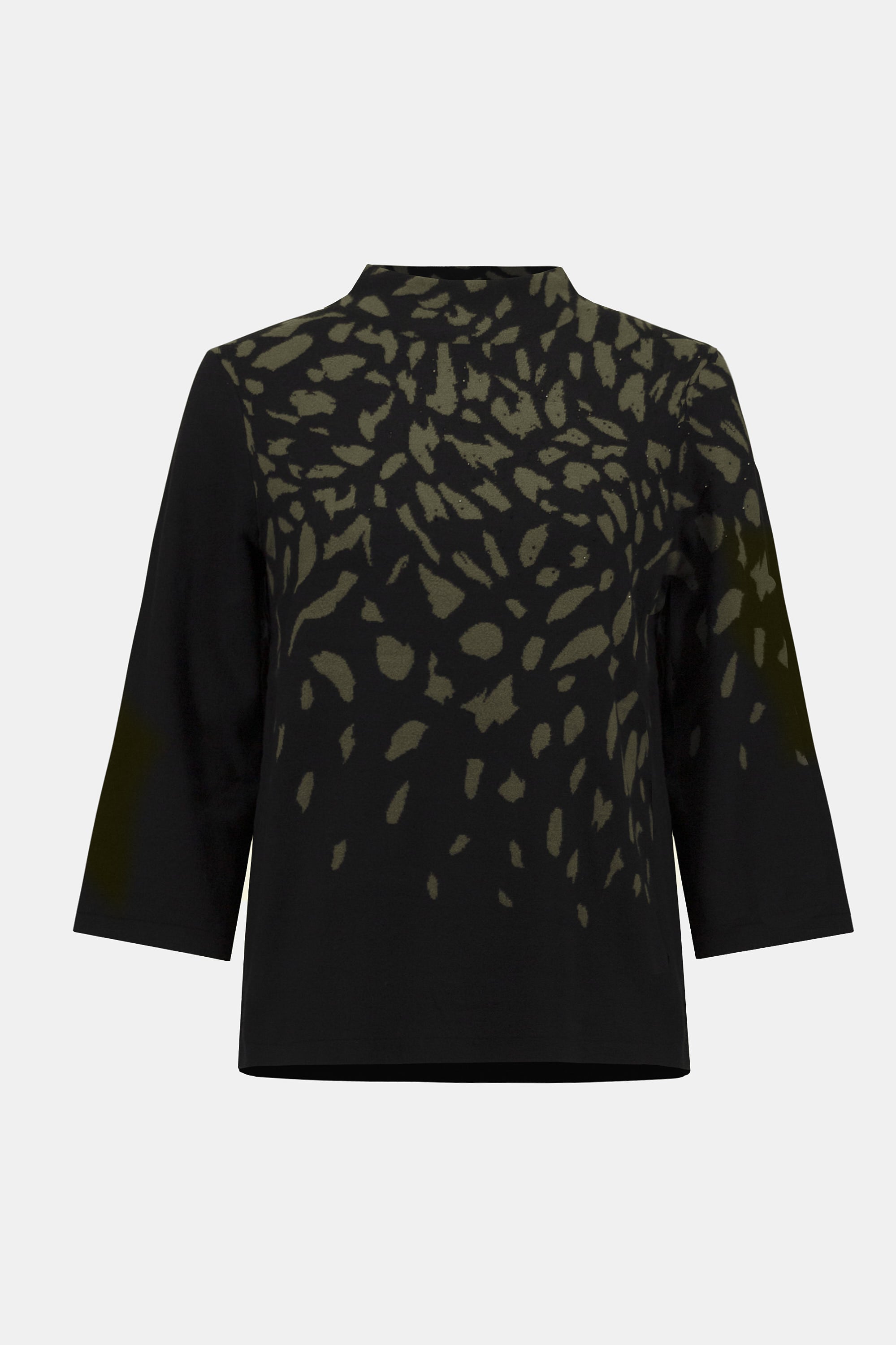 Pearls Boutique | Port Dover Ontario |Joseph Ribkoff |Jacquard Animal Print Sweater. Luxurious jacquard sweater knit with soft, breathable texture
Bold animal print in a dynamic Black/Avocado colourway
Mock neckline for an elevated, cozy silhouette
Three-quarter straight sleeves for a balanced, structured fit
Rhinestone detailing for a refined, touch-of-sparkle finish.
