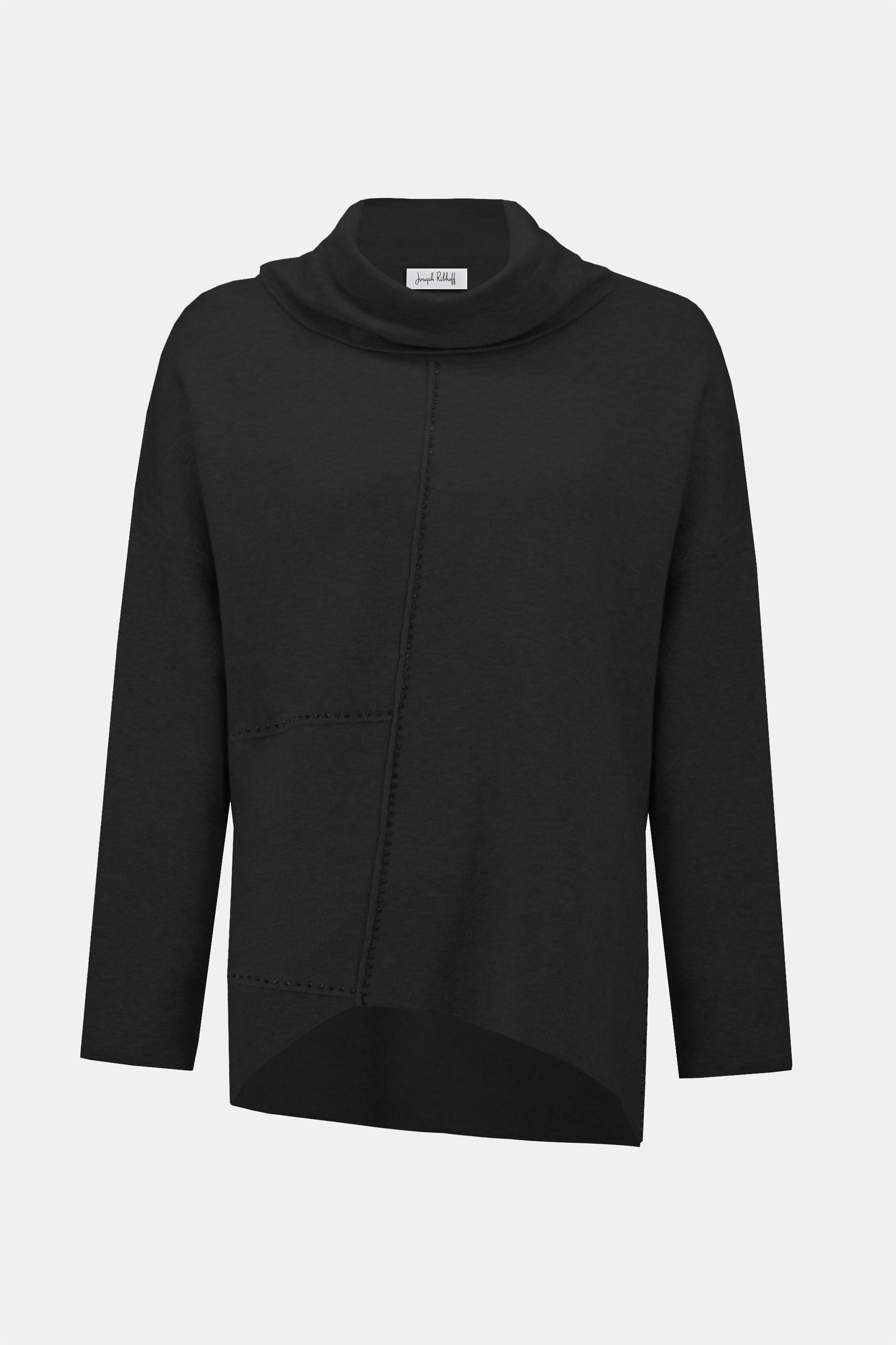 Pearls Boutique| Port Dover Ontario| Joseph Ribkoff |Sweater Knit | Black | tunic length sweater. Soft sweater knit with a breathable, luxe texture
 cowl neckline for a cozy and refined drape
Asymmetrical design with hi-low hem for modern movement
Long straight sleeves offering clean, elegant lines
Rhinestone iron-on detailing for a subtle shimmer

FABRIC & FIT
Crafted from a premium blend of viscose, polyamide, and polyester, this pullover ensures a soft hand-feel with a lightweight warmth.

