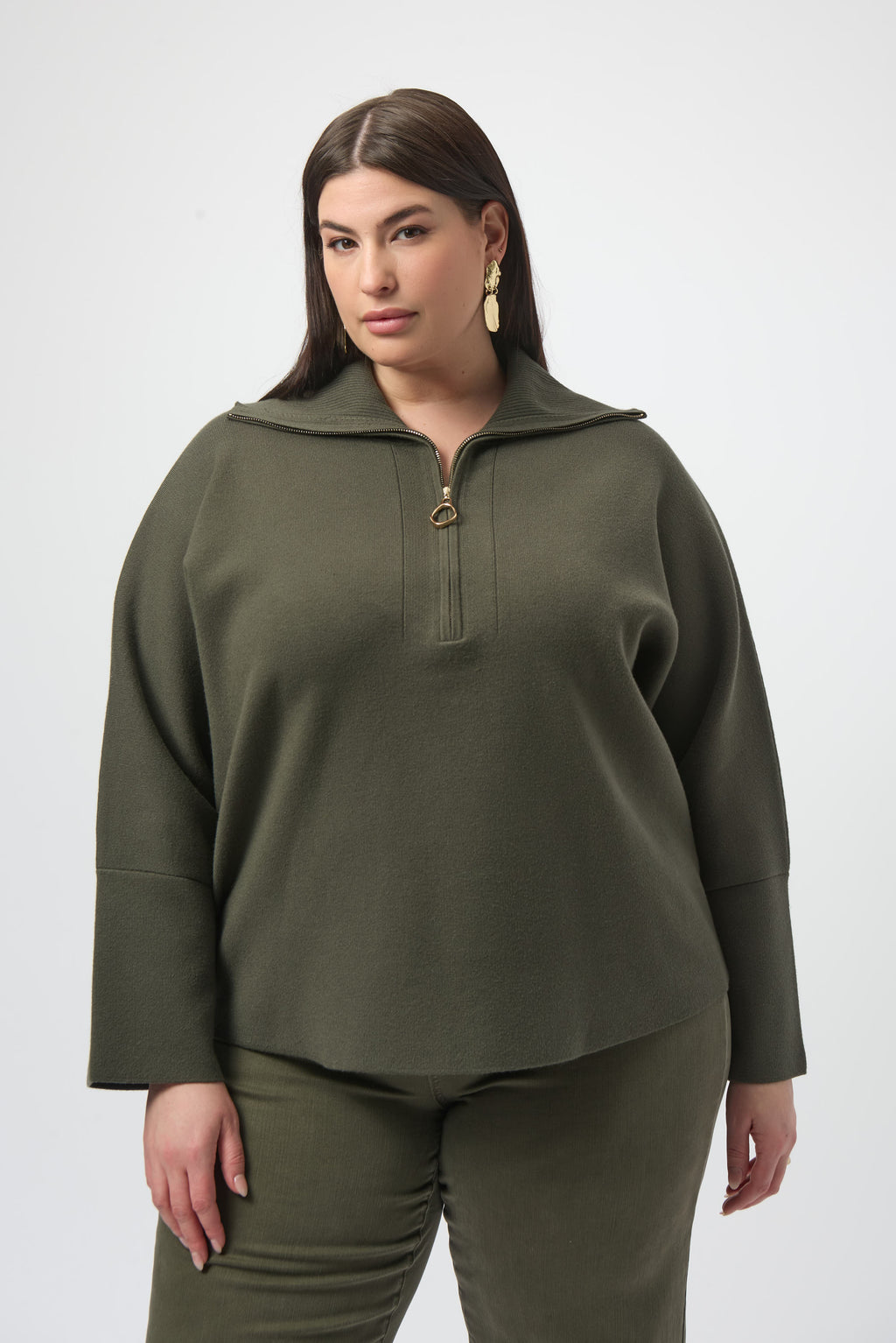 Pearls Boutique Port Dover Ontario Joseph_Ribkoff_Sweater_Knit_Boxy_Pullover_With_Zipped_Collar_253963-Soft sweater knit pullover with a relaxed boxy fit, featuring a modern zipped front neckline and elegant three-quarter bell sleeves that add graceful movement to the silhouette. colour Avocado Green.

