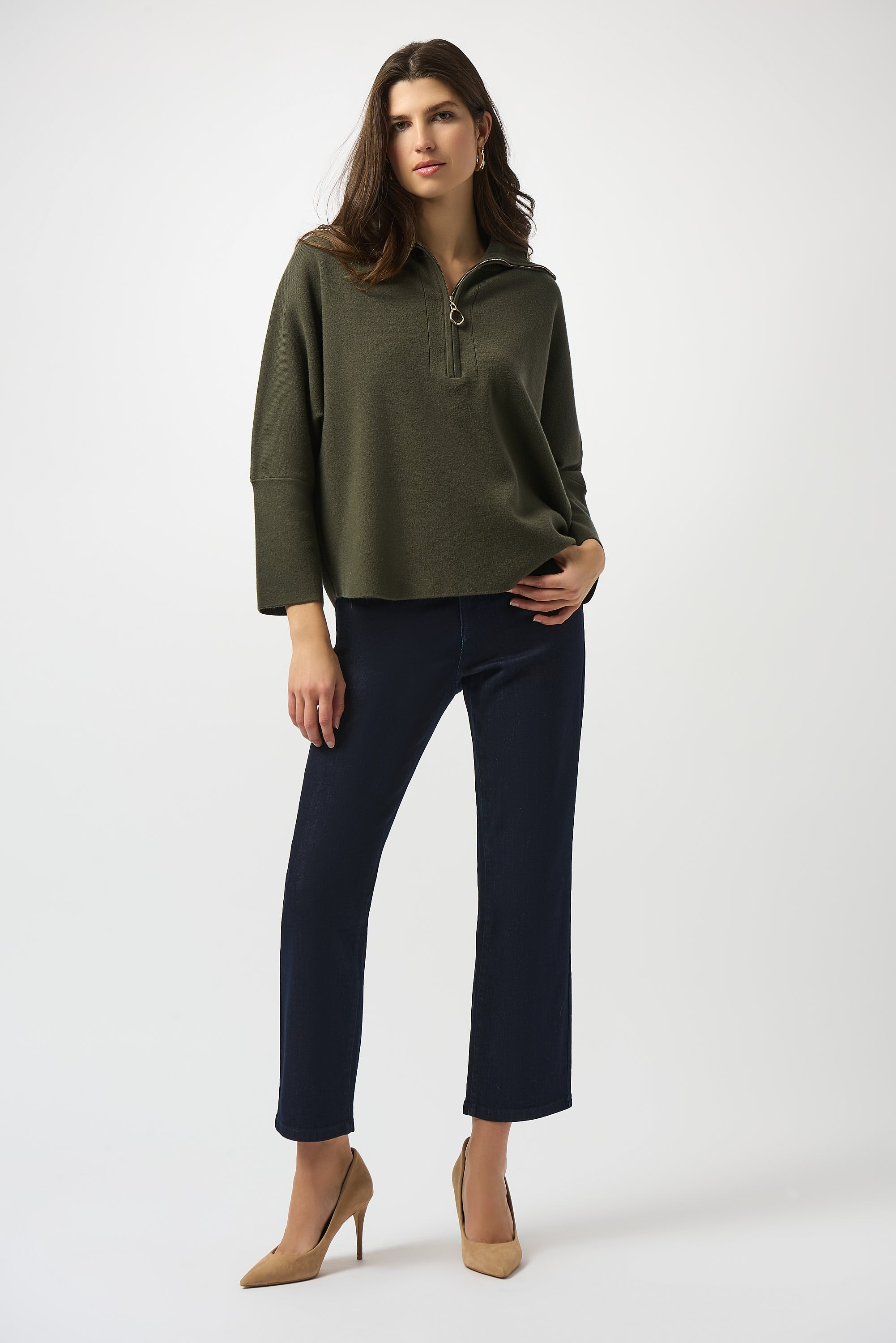 Pearls Boutique Port Dover Ontario Joseph_Ribkoff_Sweater_Knit_Boxy_Pullover_With_Zipped_Collar_253963-Soft sweater knit pullover with a relaxed boxy fit, featuring a modern zipped front neckline and elegant three-quarter bell sleeves that add graceful movement to the silhouette. colour Avocado Green.

