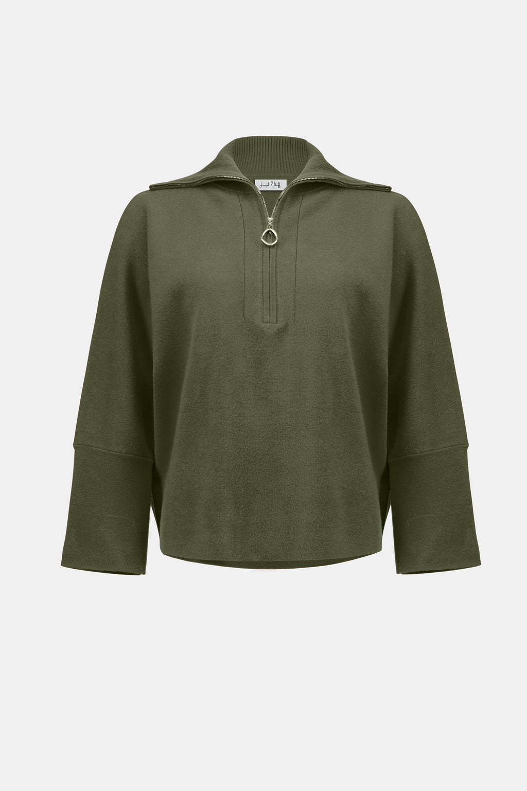 Pearls Boutique Port Dover Ontario Joseph_Ribkoff_Sweater_Knit_Boxy_Pullover_With_Zipped_Collar_253963-Soft sweater knit pullover with a relaxed boxy fit, featuring a modern zipped front neckline and elegant three-quarter bell sleeves that add graceful movement to the silhouette. colour Avocado Green.

