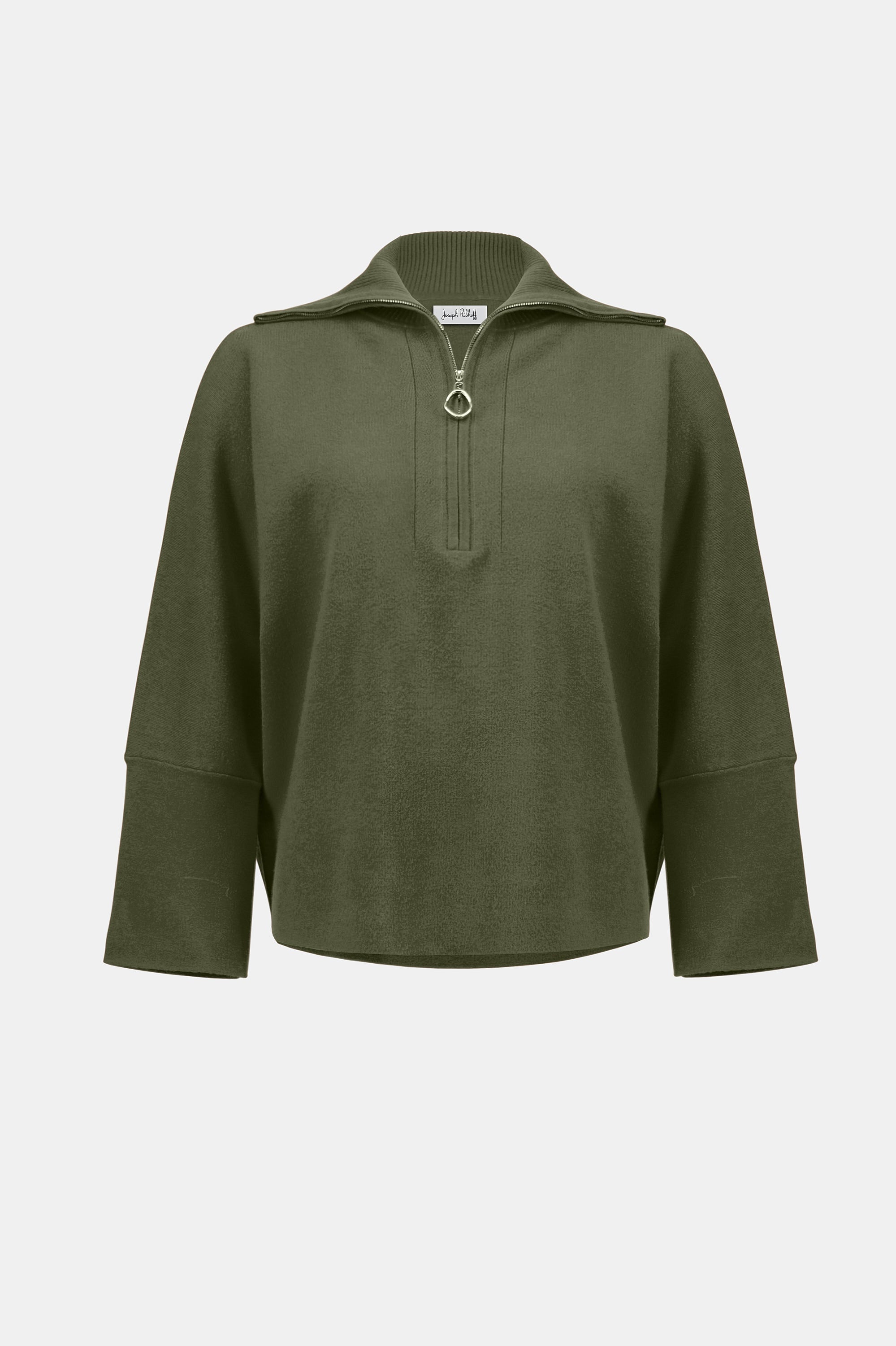 Pearls Boutique Port Dover Ontario Joseph_Ribkoff_Sweater_Knit_Boxy_Pullover_With_Zipped_Collar_253963-Soft sweater knit pullover with a relaxed boxy fit, featuring a modern zipped front neckline and elegant three-quarter bell sleeves that add graceful movement to the silhouette. colour Avocado Green.

