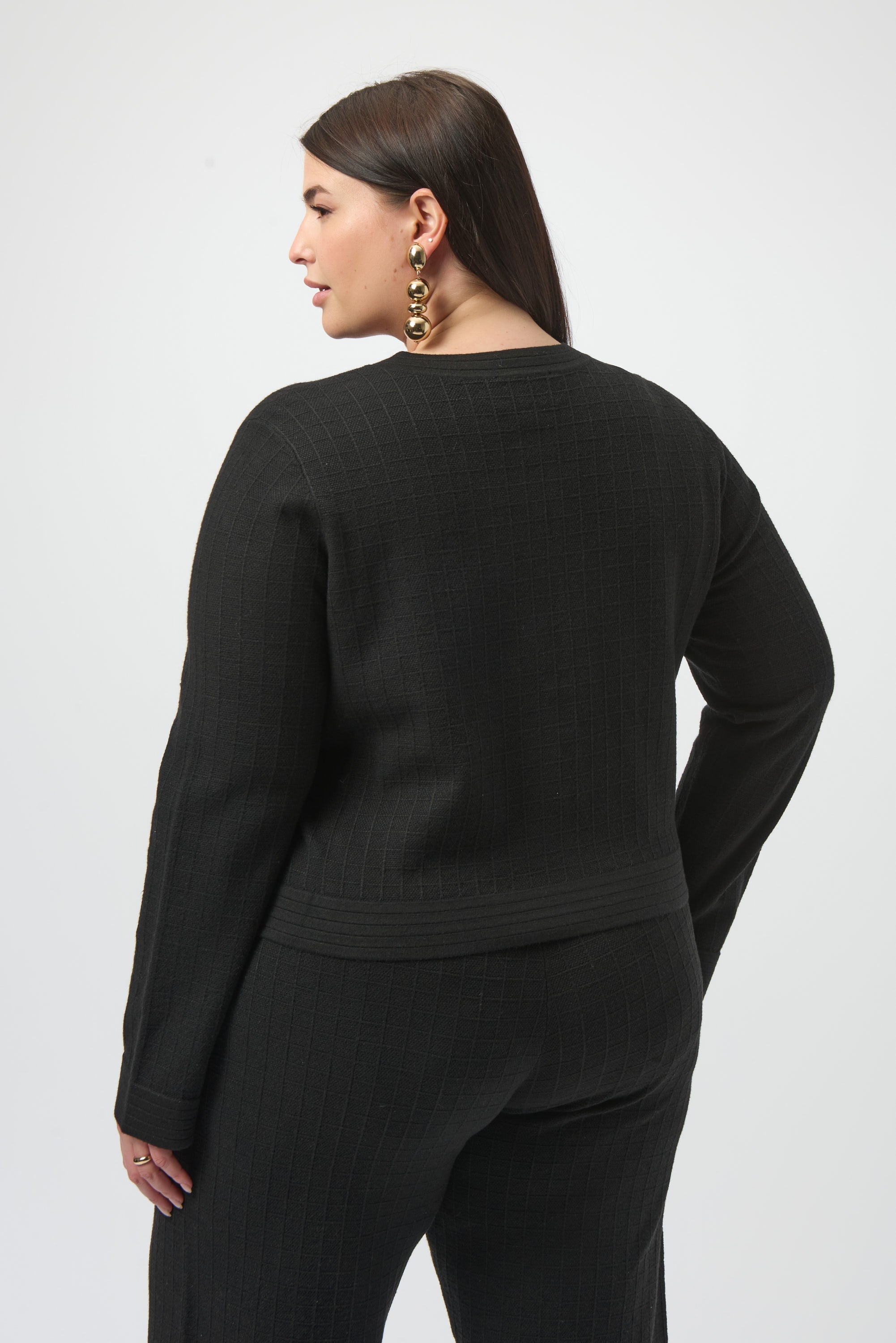 Pearls Boutique | Port Dover Ontario| Joseph Ribkoff | Sweater Knit Crew Neck Button-Front Jacket | 253983-11-1 Colour Black. Luxurious viscose-blend sweater knit with soft structure

Classic crew neckline for a sophisticated profile

Chic metal front button closure

Sleek patch pockets blending style and function

Straight long sleeves with a tailored finish

Lightweight and unlined for comfortable layering

