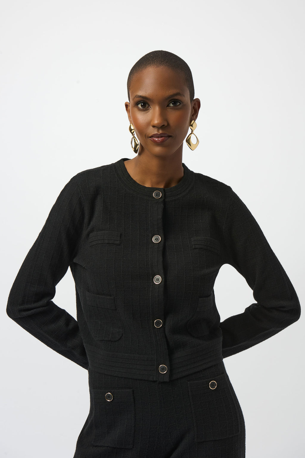 Pearls Boutique | Port Dover Ontario| Joseph Ribkoff | Sweater Knit Crew Neck Button-Front Jacket | 253983-11-1 Colour Black. Luxurious viscose-blend sweater knit with soft structure

Classic crew neckline for a sophisticated profile

Chic metal front button closure

Sleek patch pockets blending style and function

Straight long sleeves with a tailored finish

Lightweight and unlined for comfortable layering

