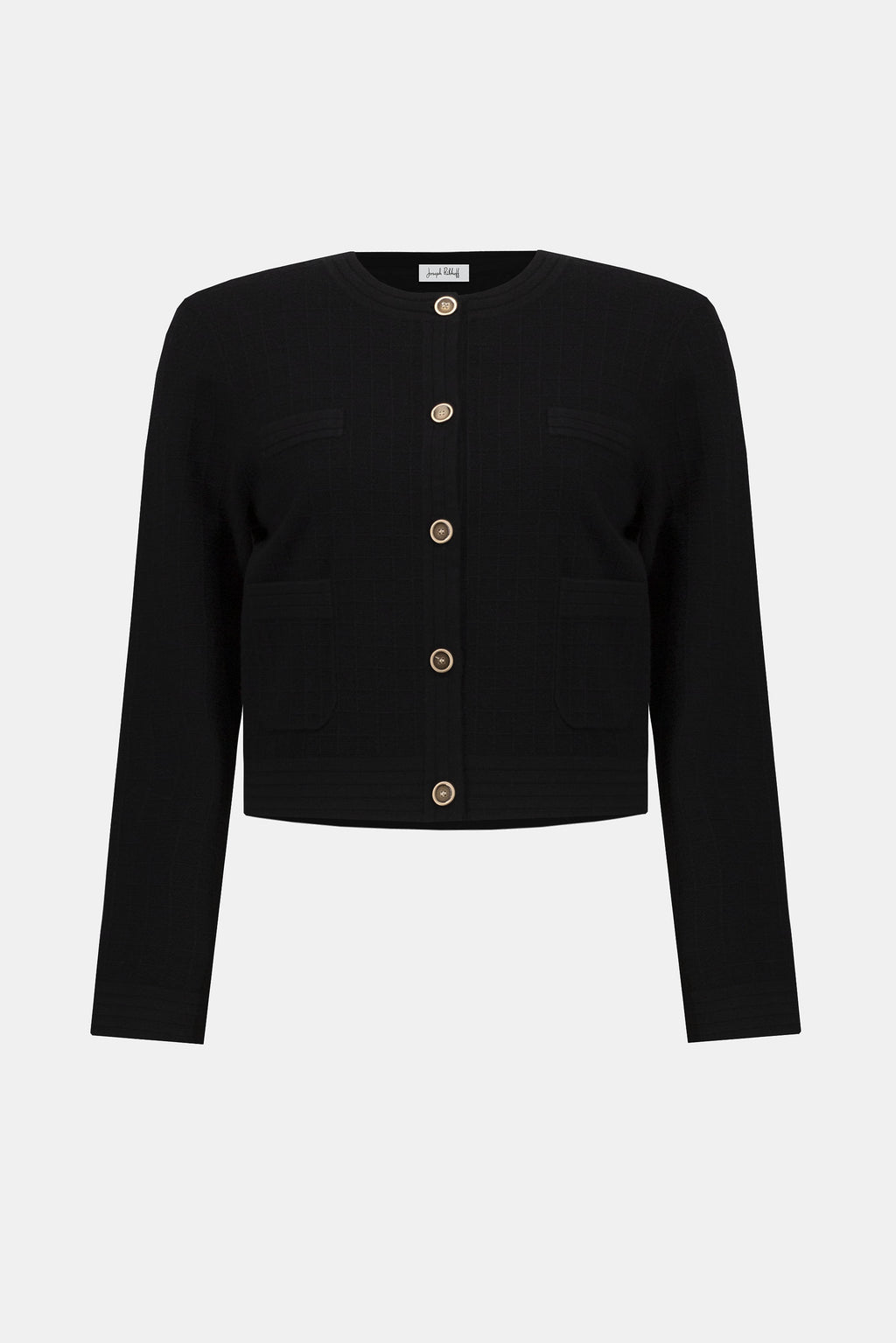 Pearls Boutique | Port Dover Ontario| Joseph Ribkoff | Sweater Knit Crew Neck Button-Front Jacket | 253983-11-1 Colour Black. Luxurious viscose-blend sweater knit with soft structure

Classic crew neckline for a sophisticated profile

Chic metal front button closure

Sleek patch pockets blending style and function

Straight long sleeves with a tailored finish

Lightweight and unlined for comfortable layering

