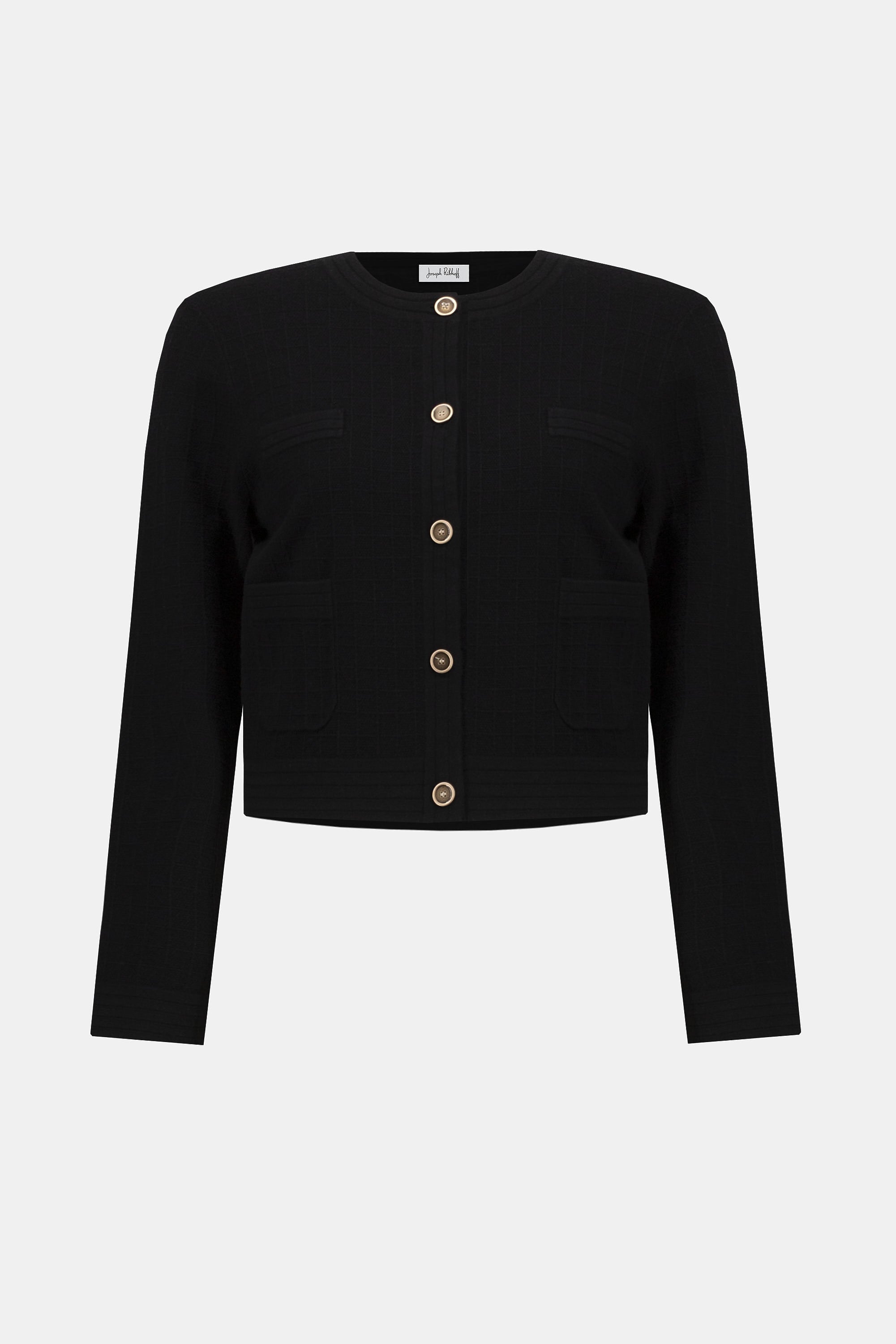 Pearls Boutique | Port Dover Ontario| Joseph Ribkoff | Sweater Knit Crew Neck Button-Front Jacket | 253983-11-1 Colour Black. Luxurious viscose-blend sweater knit with soft structure

Classic crew neckline for a sophisticated profile

Chic metal front button closure

Sleek patch pockets blending style and function

Straight long sleeves with a tailored finish

Lightweight and unlined for comfortable layering

