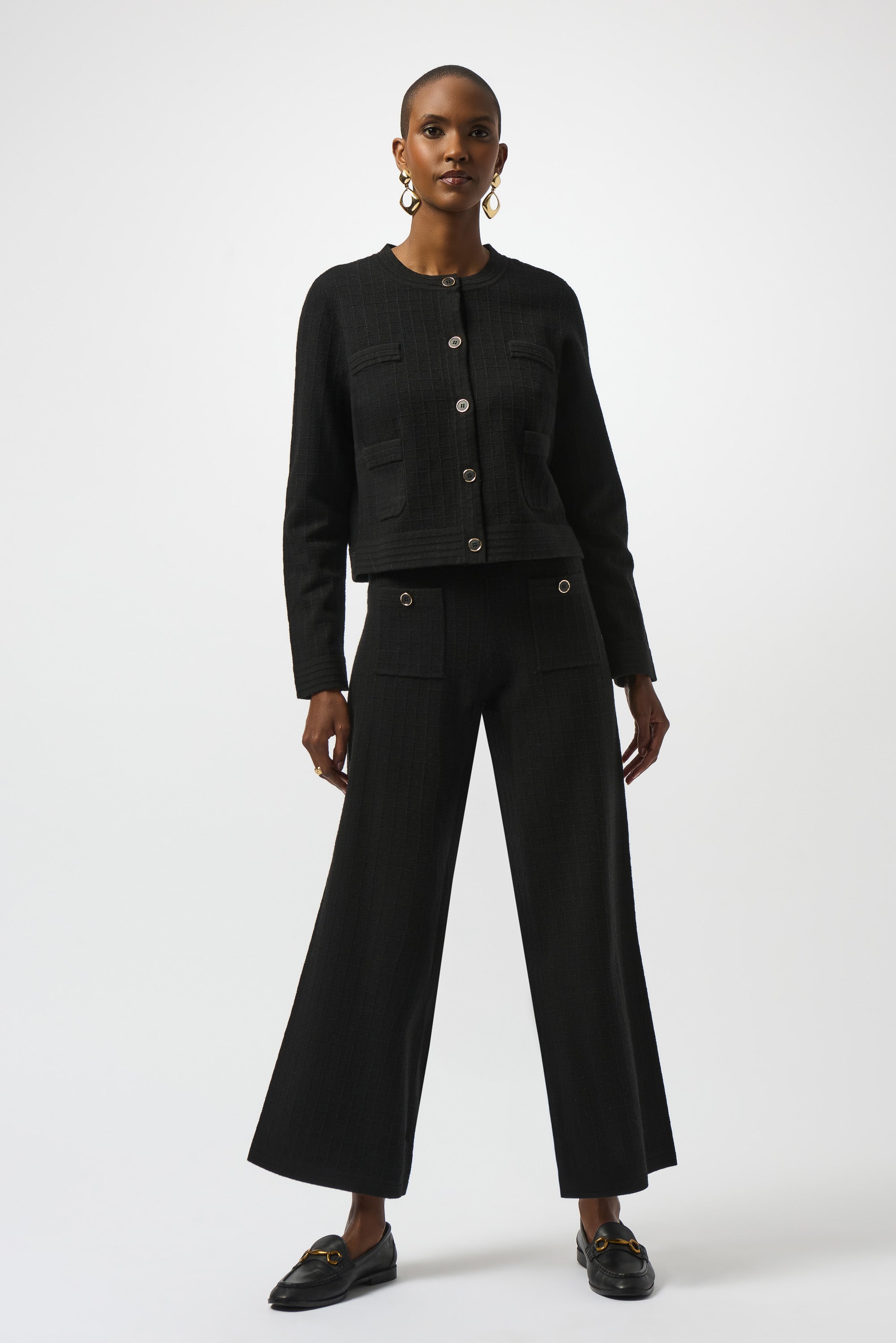 Pearls Boutique | Port Dover Ontario | Joseph Ribkoff | Sweater Knit Straight Leg Pants | 253984-11 | colour black. 
Pull one, high rise, straight leg, Luxe viscose-blend sweater knit for a soft, structured feel

High-rise pull-on waistband for seamless comfort and sleek lines

Straight-leg cut that elongates the silhouette

Front patch pockets for a modern tailored detail

Lightweight and unlined for breathable wear

50% Viscose Rayon, 28% Polyester, 22% Nylon