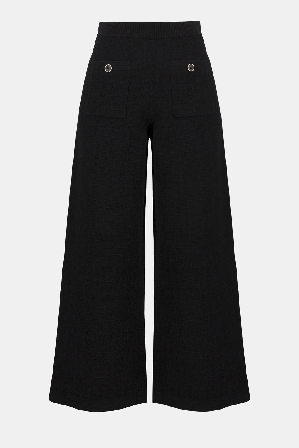 Pearls Boutique | Port Dover Ontario | Joseph Ribkoff | Sweater Knit Straight Leg Pants | 253984-11 | colour black. 
Pull one, high rise, straight leg, Luxe viscose-blend sweater knit for a soft, structured feel

High-rise pull-on waistband for seamless comfort and sleek lines

Straight-leg cut that elongates the silhouette

Front patch pockets for a modern tailored detail

Lightweight and unlined for breathable wear

50% Viscose Rayon, 28% Polyester, 22% Nylon