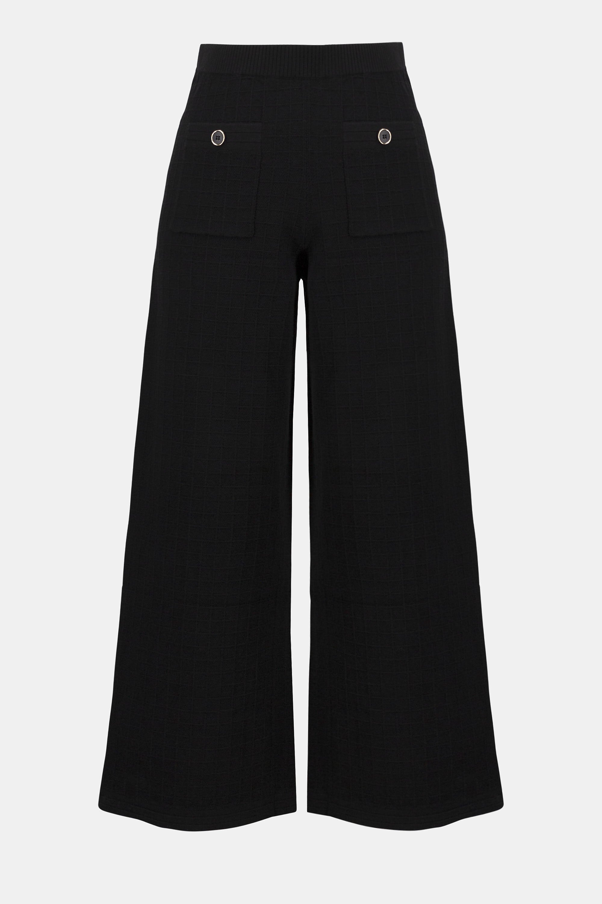 Pearls Boutique | Port Dover Ontario | Joseph Ribkoff | Sweater Knit Straight Leg Pants | 253984-11 | colour black. 
Pull one, high rise, straight leg, Luxe viscose-blend sweater knit for a soft, structured feel

High-rise pull-on waistband for seamless comfort and sleek lines

Straight-leg cut that elongates the silhouette

Front patch pockets for a modern tailored detail

Lightweight and unlined for breathable wear

50% Viscose Rayon, 28% Polyester, 22% Nylon
