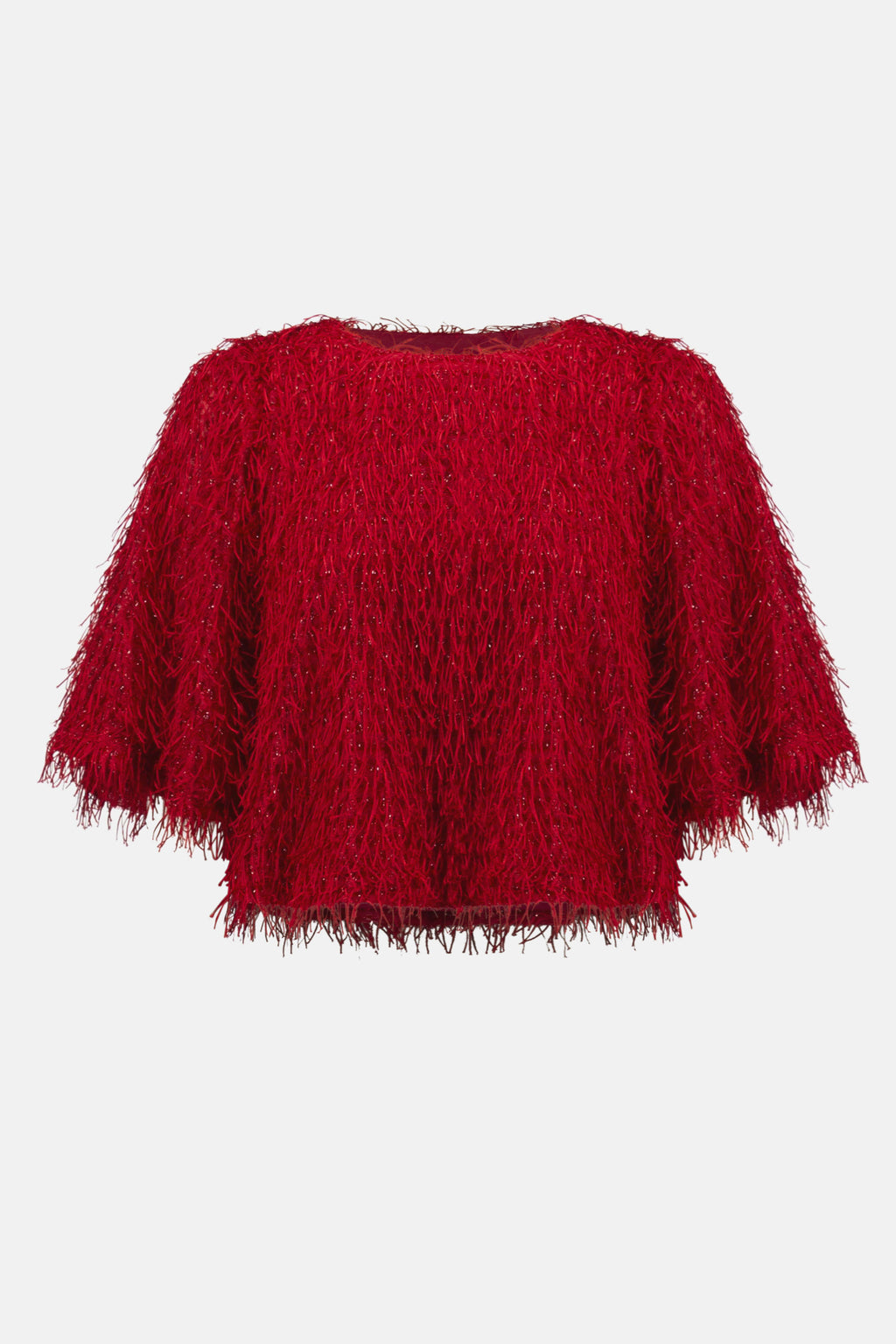 Pearls Boutique| Port Dover Ontario| Joseph Ribkoff | novelty fringe boxy crop top | Colour Red.
Unique fringe knit fabric for eye-catching texture

Boxy crop silhouette for a contemporary edge

Long bell sleeves that add volume and drama

Lightweight and unlined for breathable comfort
