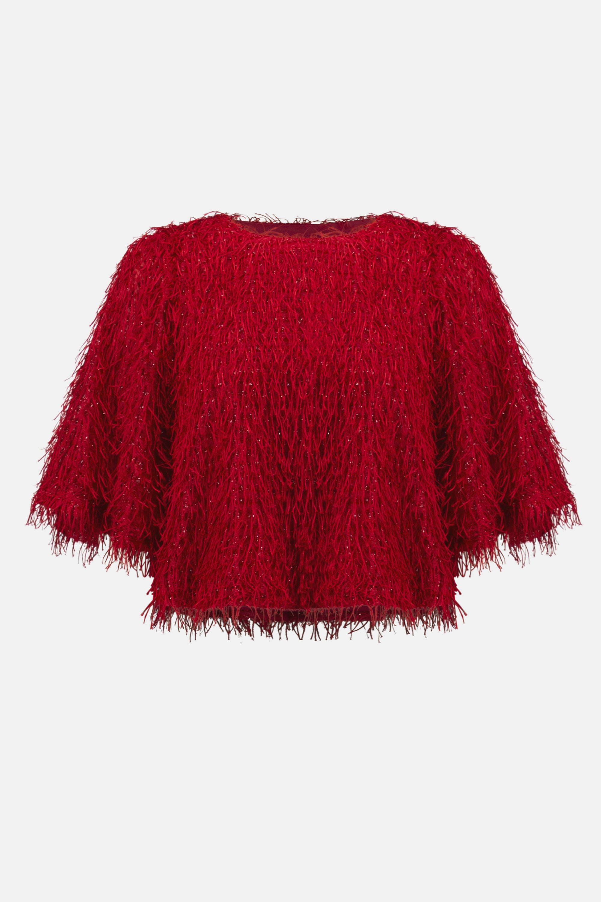 Pearls Boutique| Port Dover Ontario| Joseph Ribkoff | novelty fringe boxy crop top | Colour Red.
Unique fringe knit fabric for eye-catching texture

Boxy crop silhouette for a contemporary edge

Long bell sleeves that add volume and drama

Lightweight and unlined for breathable comfort
