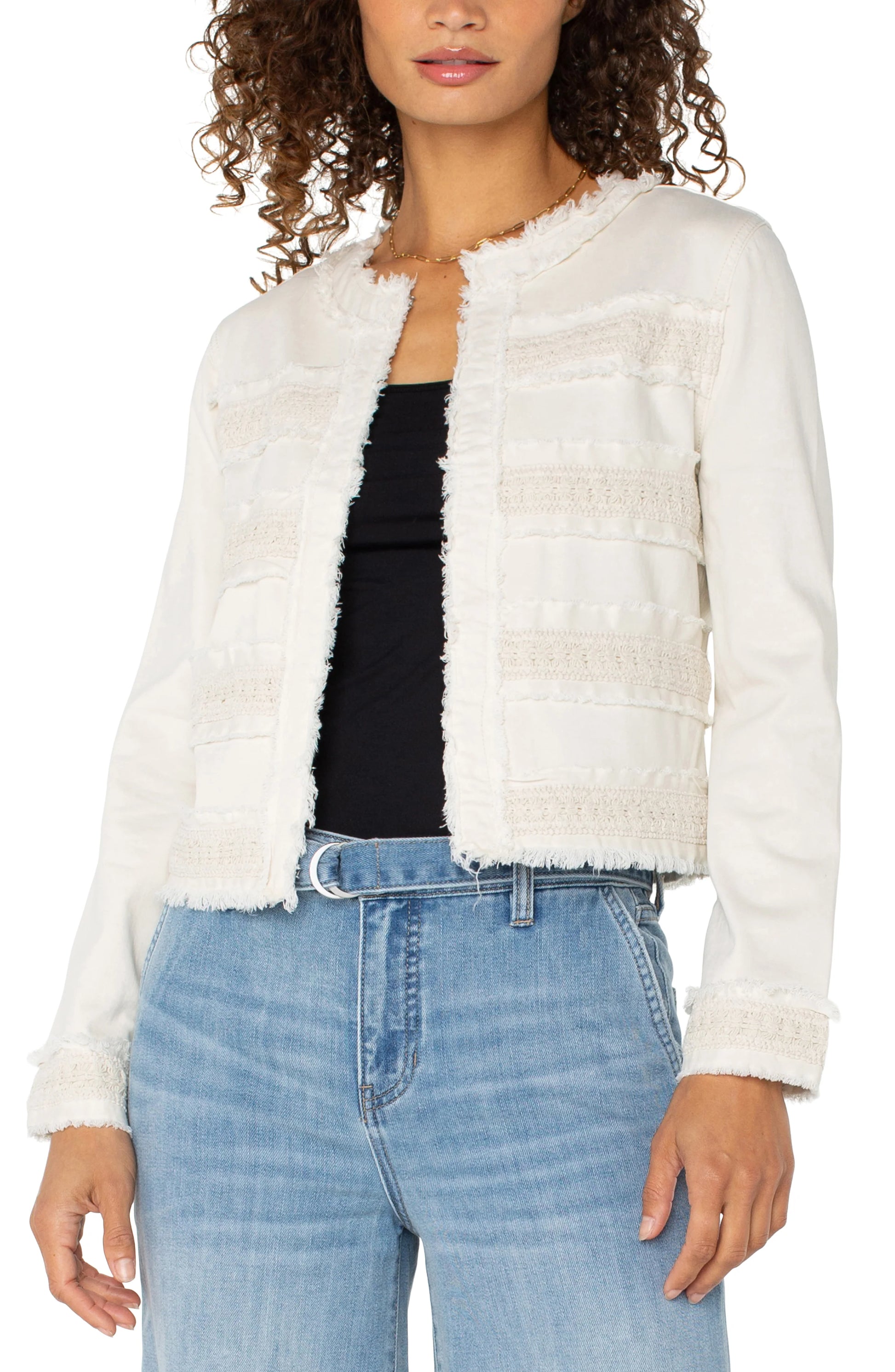 Pearls Boutique|Port Dover Ontario| Liverpool|Collarless jacket in Bone (Off-White colour)

Frayed edges and delicate lace details

Long sleeves with a tailored fit

Hook-and-eye front closure

Two front welt pockets

22.5" high shoulder point

Soft cotton-blend fabric with slight stretch (55% Cotton, 42% Rayon, 3% Spandex)

Effortlessly blends classic tailoring with contemporary flair