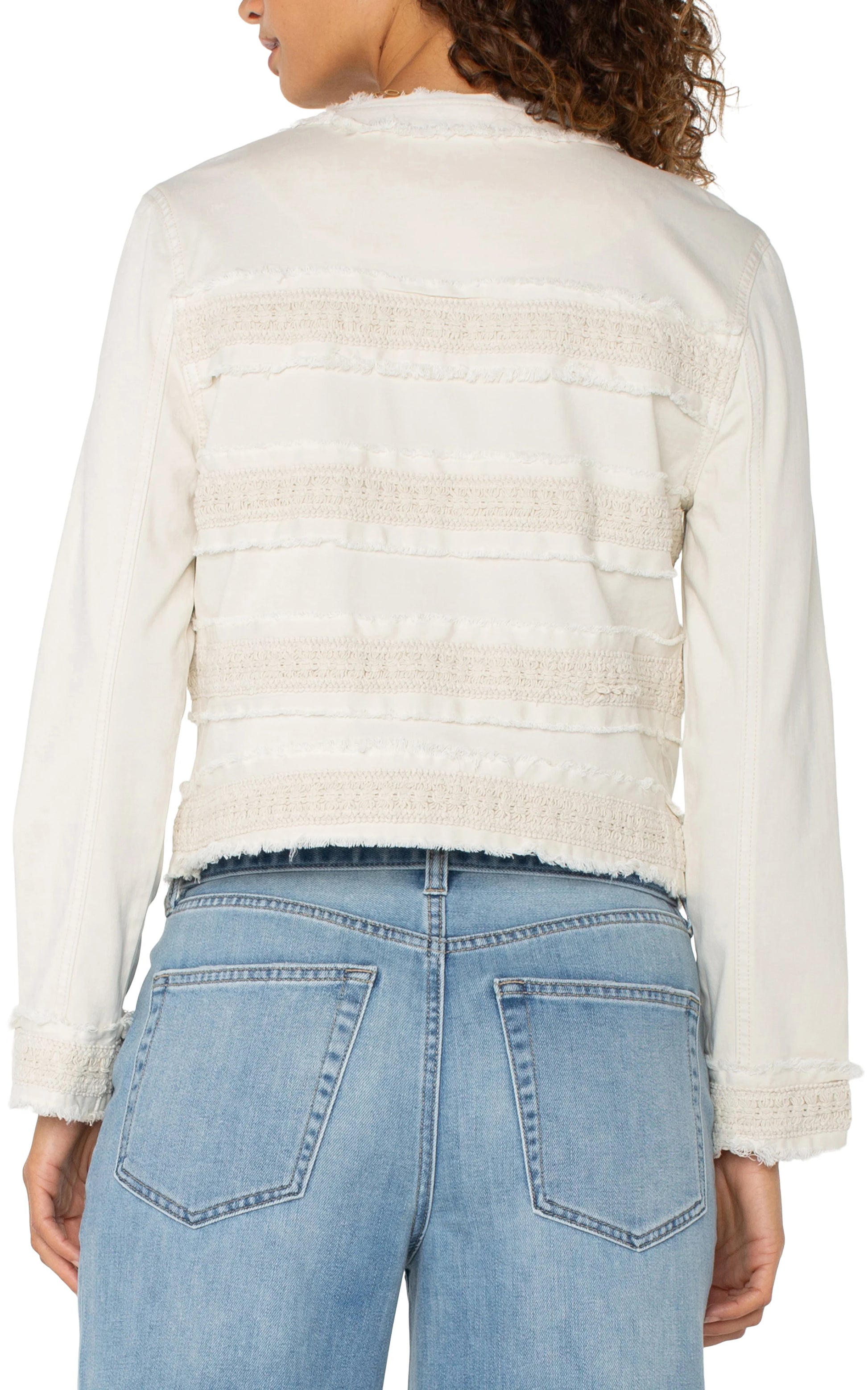 Pearls Boutique|Port Dover Ontario| Liverpool|Collarless jacket in Bone (Off-White colour)

Frayed edges and delicate lace details

Long sleeves with a tailored fit

Hook-and-eye front closure

Two front welt pockets

22.5" high shoulder point

Soft cotton-blend fabric with slight stretch (55% Cotton, 42% Rayon, 3% Spandex)

Effortlessly blends classic tailoring with contemporary flair