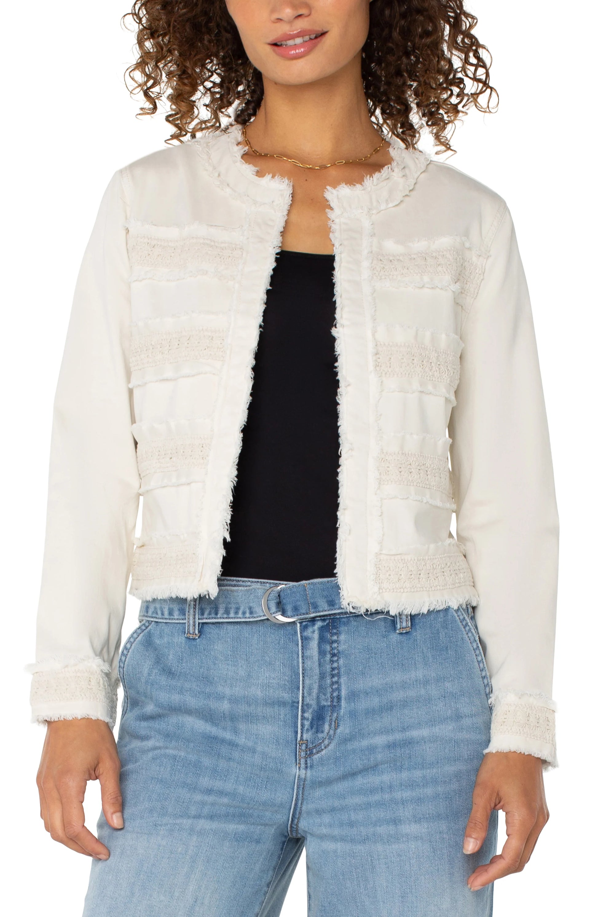 Pearls Boutique|Port Dover Ontario| Liverpool|Collarless jacket in Bone (Off-White colour)

Frayed edges and delicate lace details

Long sleeves with a tailored fit

Hook-and-eye front closure

Two front welt pockets

22.5" high shoulder point

Soft cotton-blend fabric with slight stretch (55% Cotton, 42% Rayon, 3% Spandex)

Effortlessly blends classic tailoring with contemporary flair