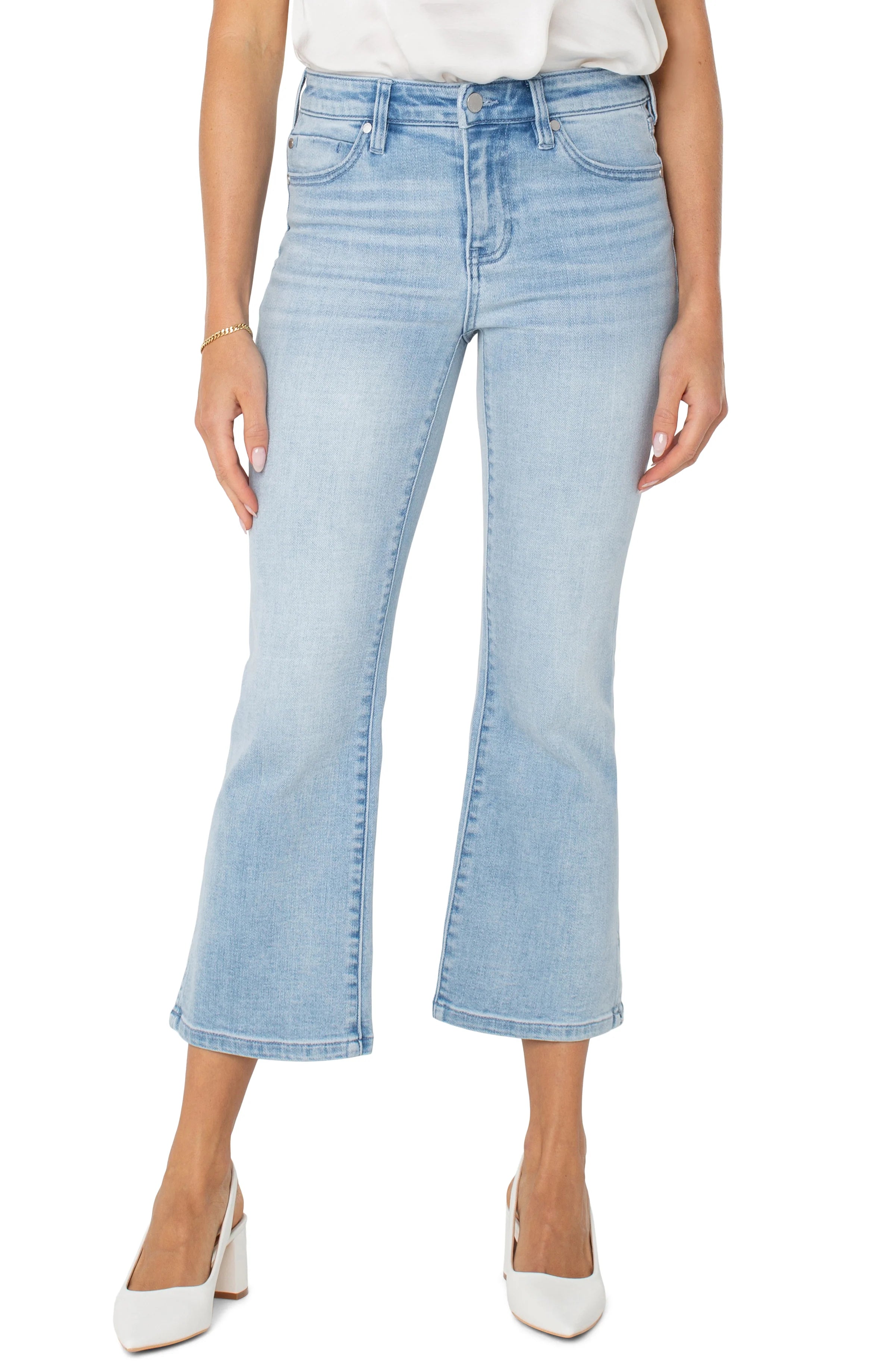 Pearls Boutique|Port Dover Ontario|Liverpool|Hannah Crop Flare With Side Slits| Clarkdale Blue Denim Wash|Light wash crop flare jeans with a slit hem

Mid-rise fit with a flattering silhouette

25.5" inseam, 9-5/8" front rise, 19" leg opening

Classic 5-pocket design with zip fly and logo button closure

Set-in waistband with belt loops


Style #: LM7987F88

Soft, stretchy fabric blend (94% Cotton, 5% T400, 1% Lycra