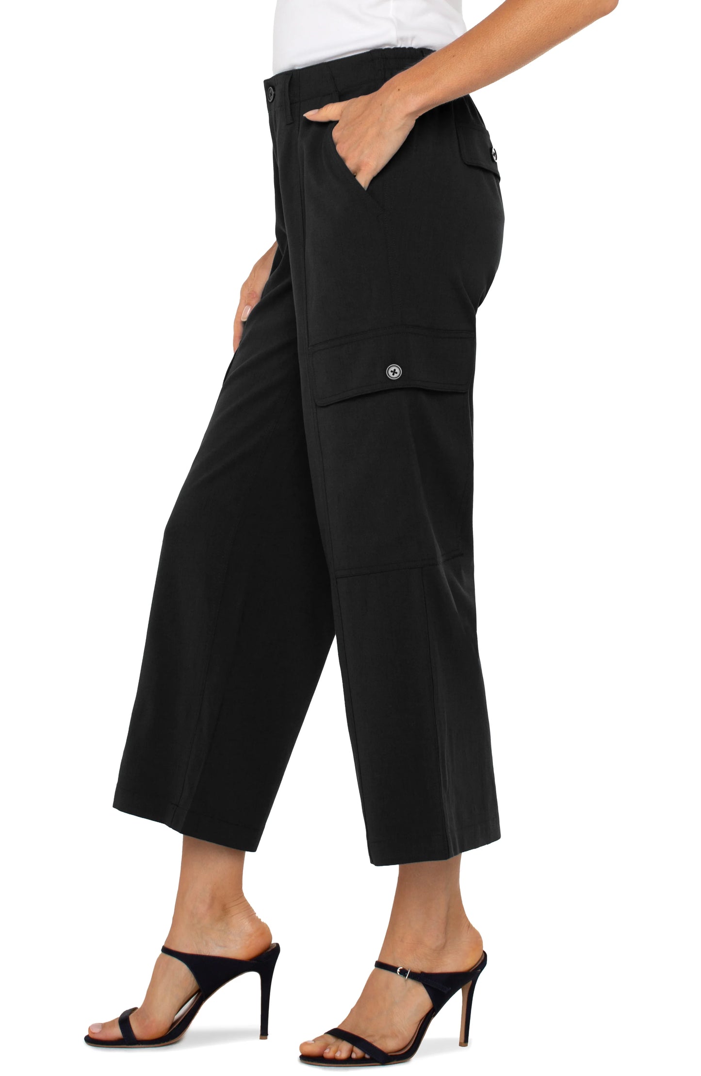Pearls Boutique | Port Dover Ontario Liverpool | Hi-rise cargo crop pants |  in black textured stretch-woven fabric

Straight-leg silhouette with a flattering fit

Elastic back waistband for added comfort

Zip-fly with single button closure

Slash side pockets and back flap pockets with button closures

Cargo side pockets with button closures

26" inseam, 10-1/8" front rise, 19-3/4" leg opening

Lightweight and durable fabric (47% Rayon, 50% Polyester, 3% Spandex)